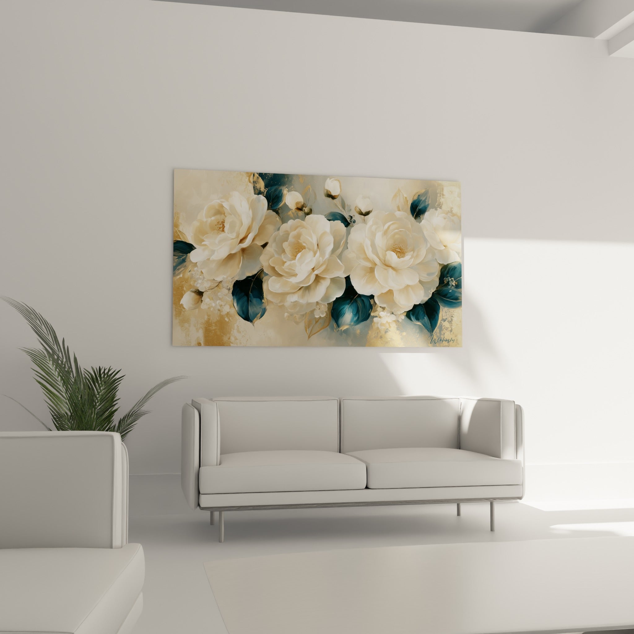 Fleurs ivoire et dorées entourées de feuilles bleu marine au-dessus d'un canapé dans un salon lumineux