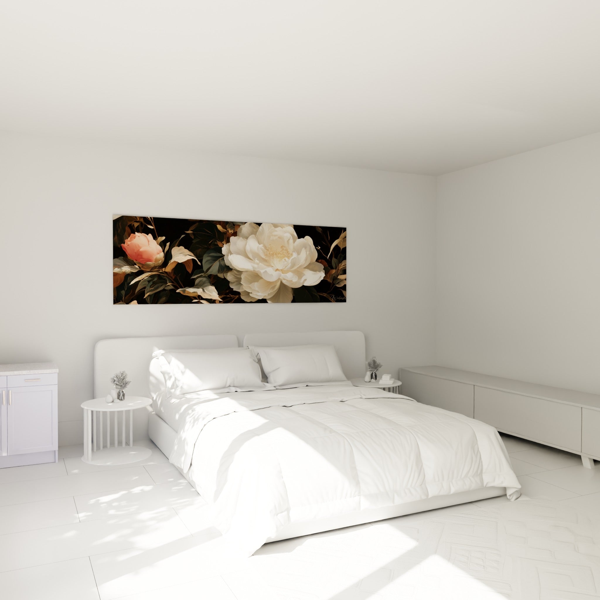 Fleurs de camélia blanc et rose accrochées au-dessus d'un lit dans une chambre claire