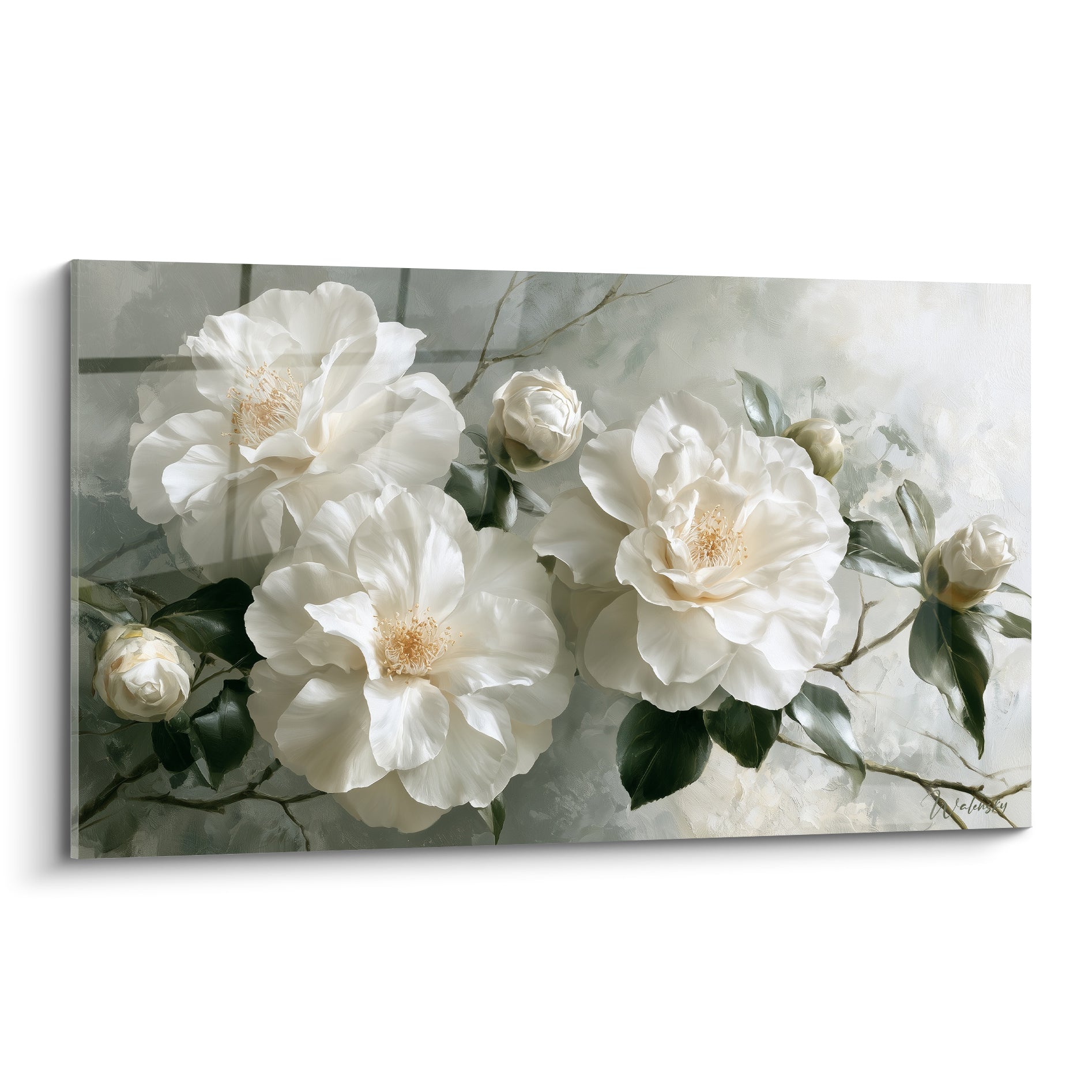 Camélias blancs aux pétales ouverts et feuillage vert sombre, fond gris texturé peint en toile