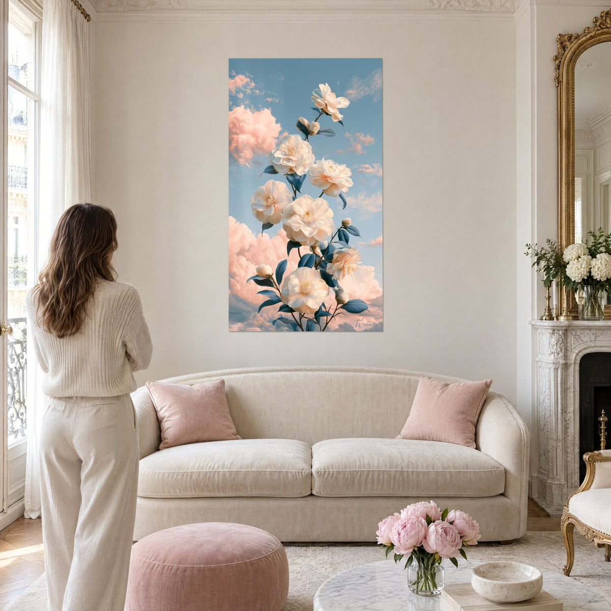 Tableau camélias ivoire en grappe sur ciel bleu et nuages rosés, femme de dos, au-dessus d'un canapé dans un salon lumineux