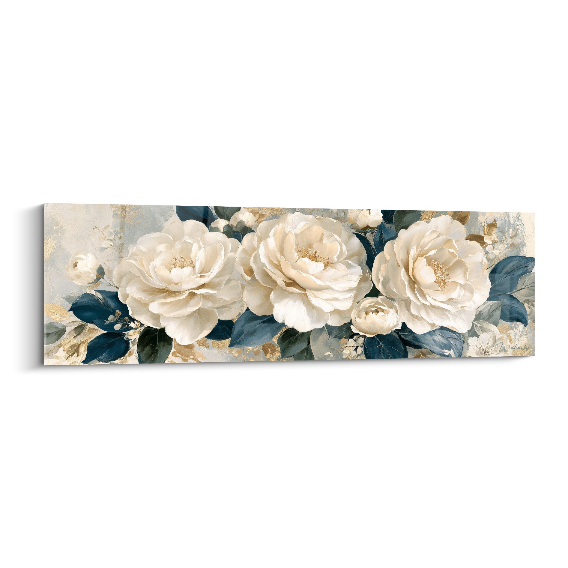 Camélias ivoire et feuillage bleu marine peints avec reflets dorés sur fond gris perle texturé