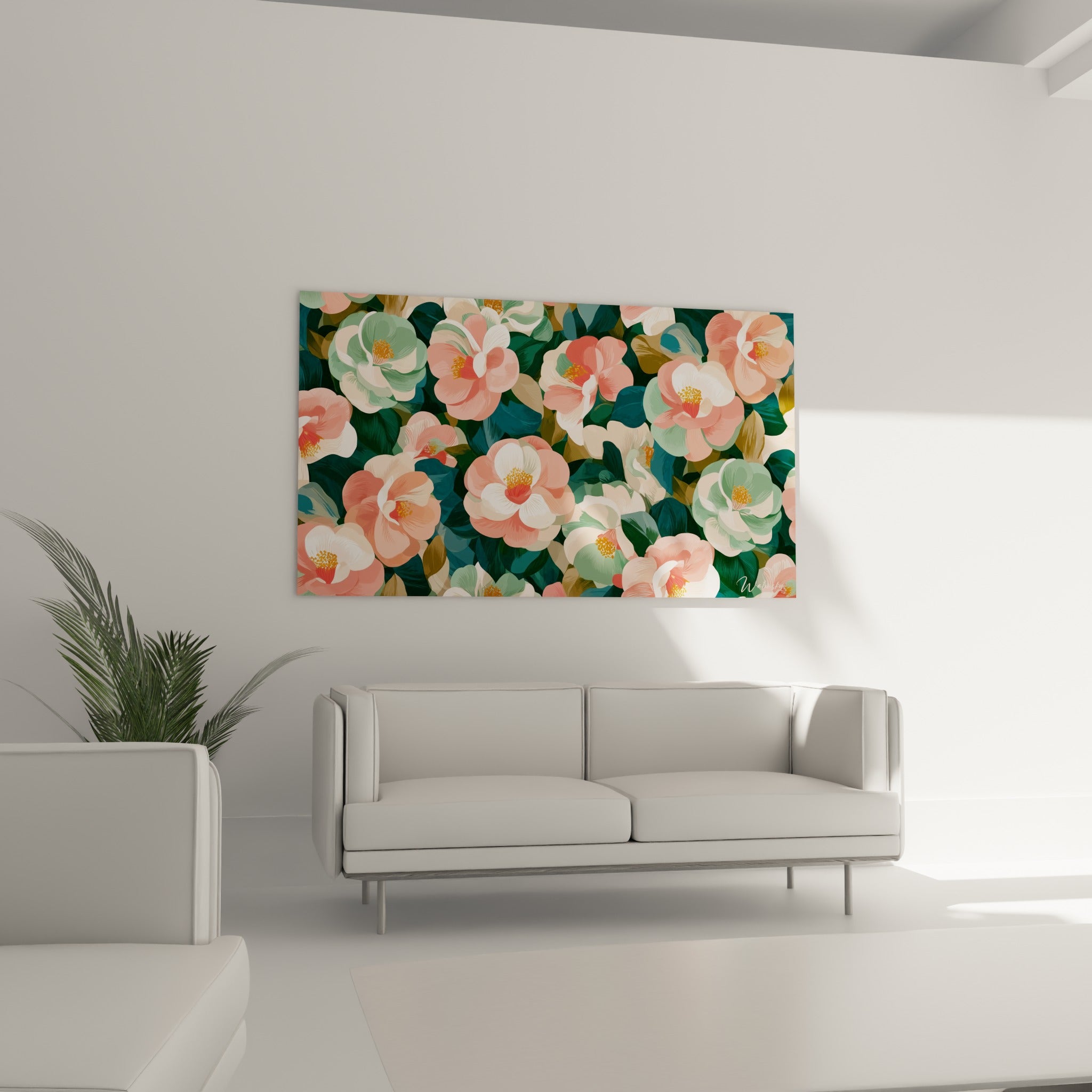 Fleurs de camélia rose pêche et menthe, accrochées au-dessus d'un canapé dans un salon lumineux