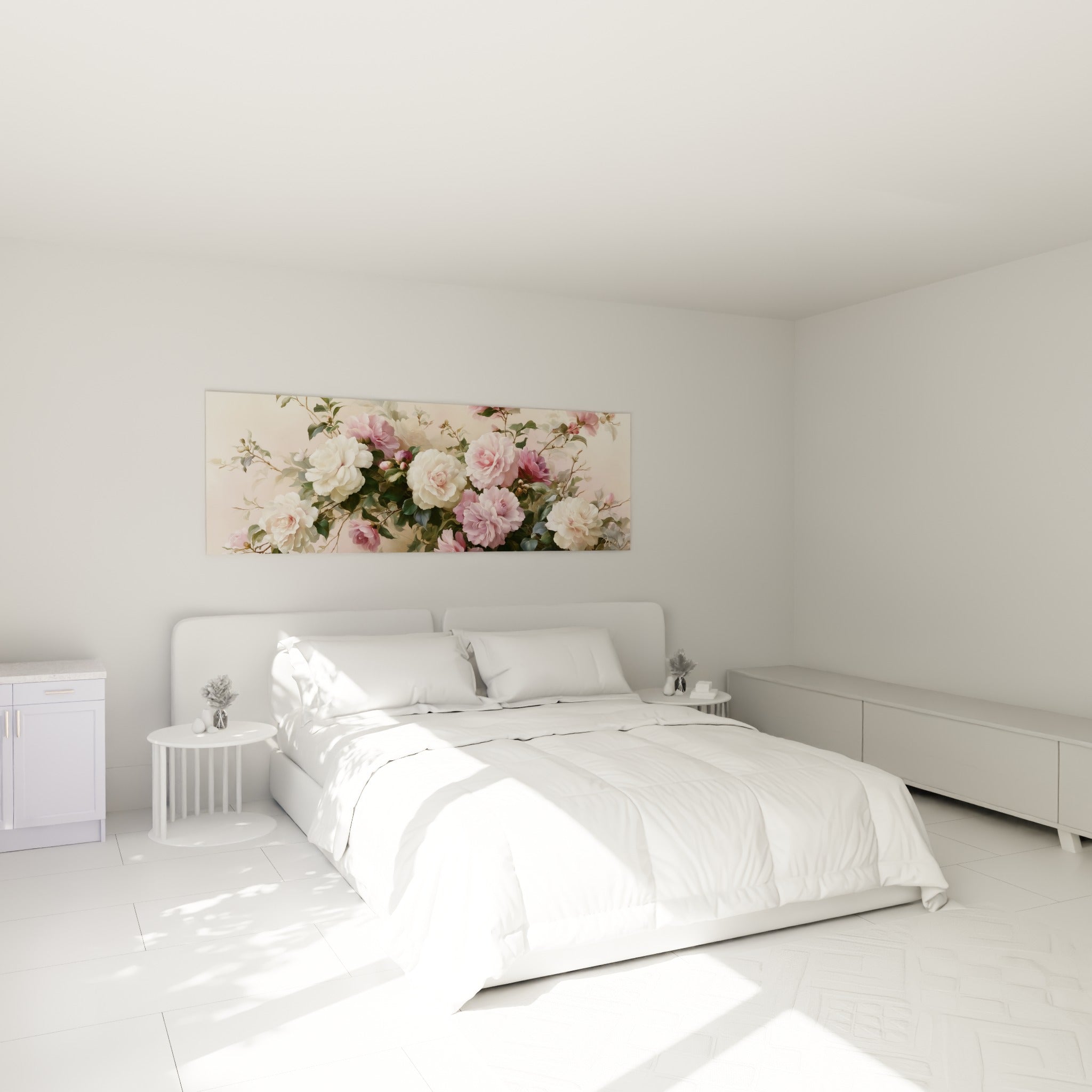 Fleurs de camélia rose poudré et blanc ivoire accrochées au-dessus d'un lit dans une chambre claire