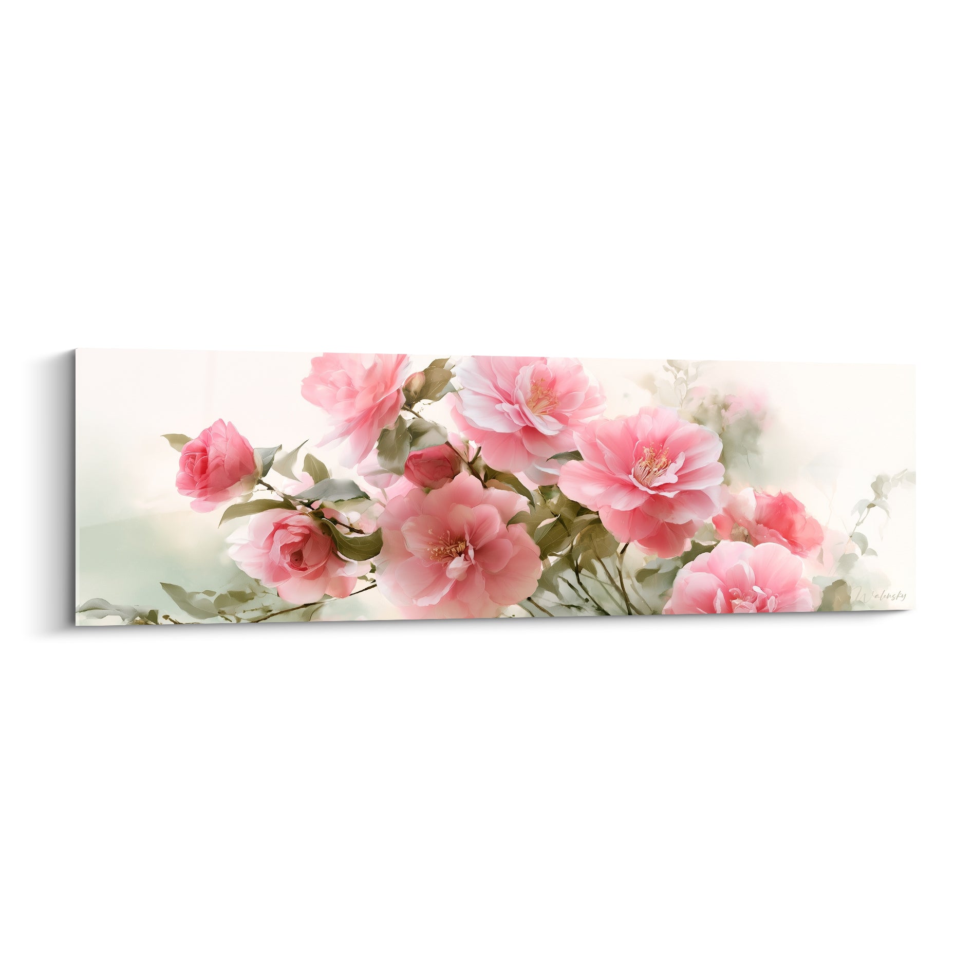 Camélia rose en pleine floraison, feuillage vert sauge, style aquarelle sur fond ivoire