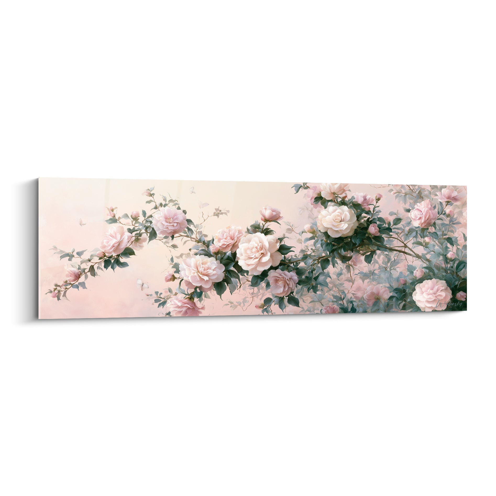 Camélias roses et blancs déployés en branche sur fond ocre pâle et rosé délicat