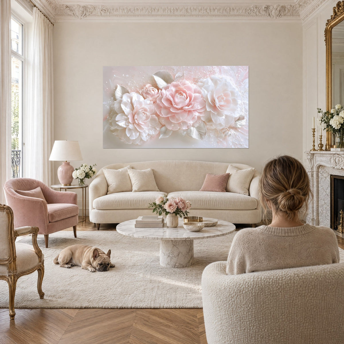 Cuadro con camelias rosas y blancas y hojas plateadas, salpicaduras nacaradas, encima de un sofá en un salón luminoso