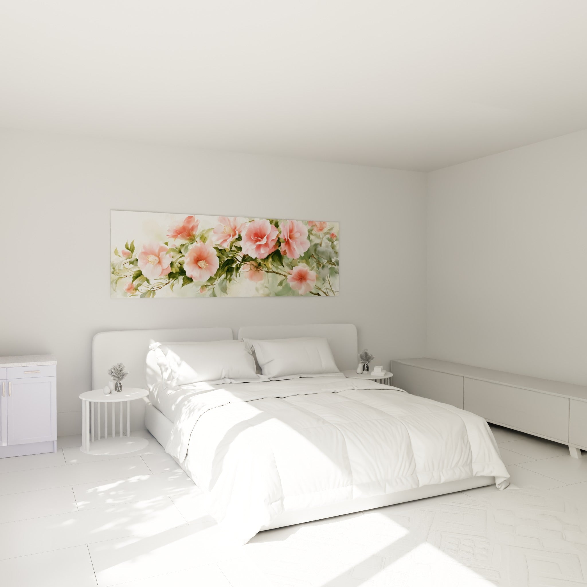 Camélias roses et corail en fleur, feuillage vert tendre, au-dessus d'un lit dans une chambre claire