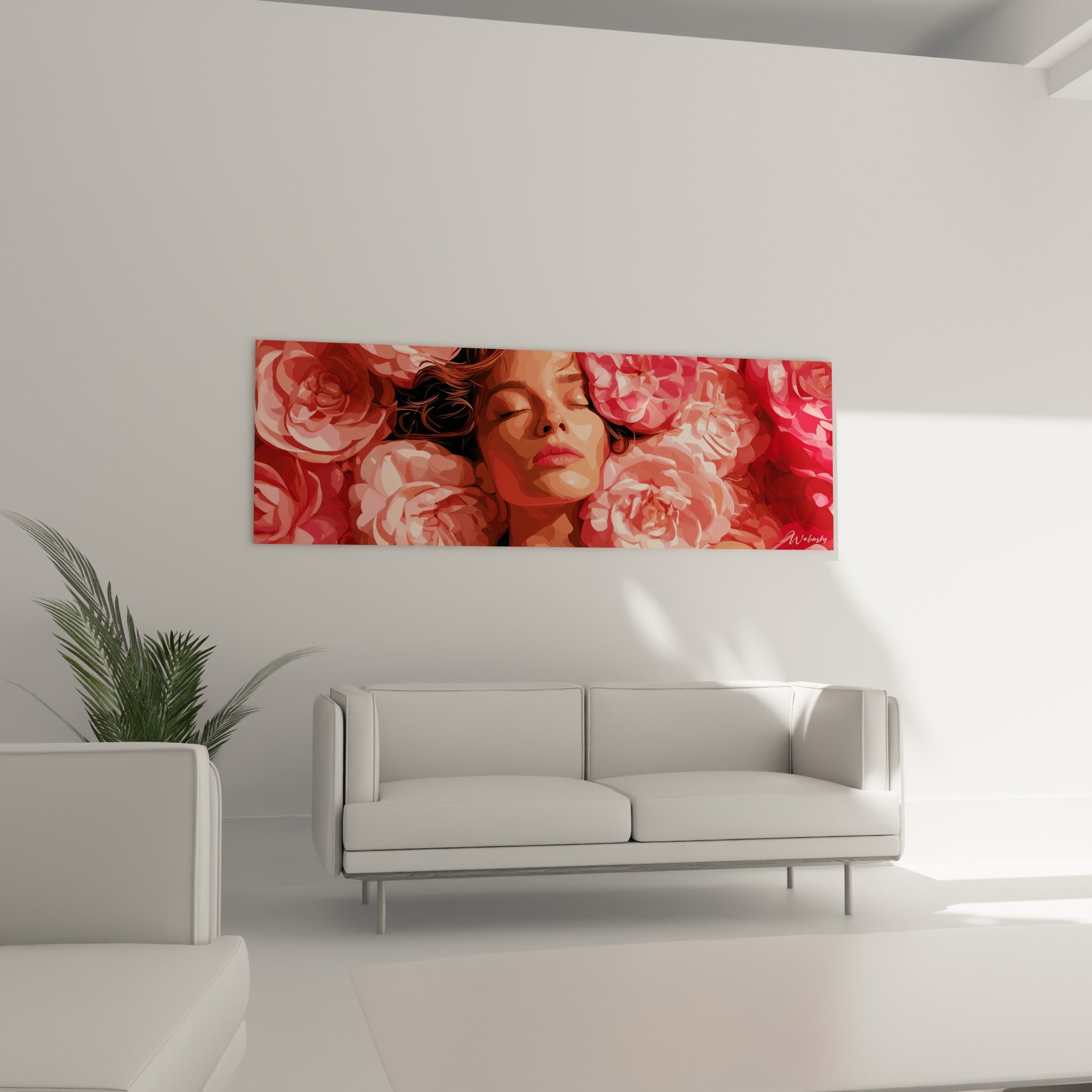 Femme endormie parmi les camélias corail et roses, suspendue au-dessus d'un canapé dans un salon lumineux
