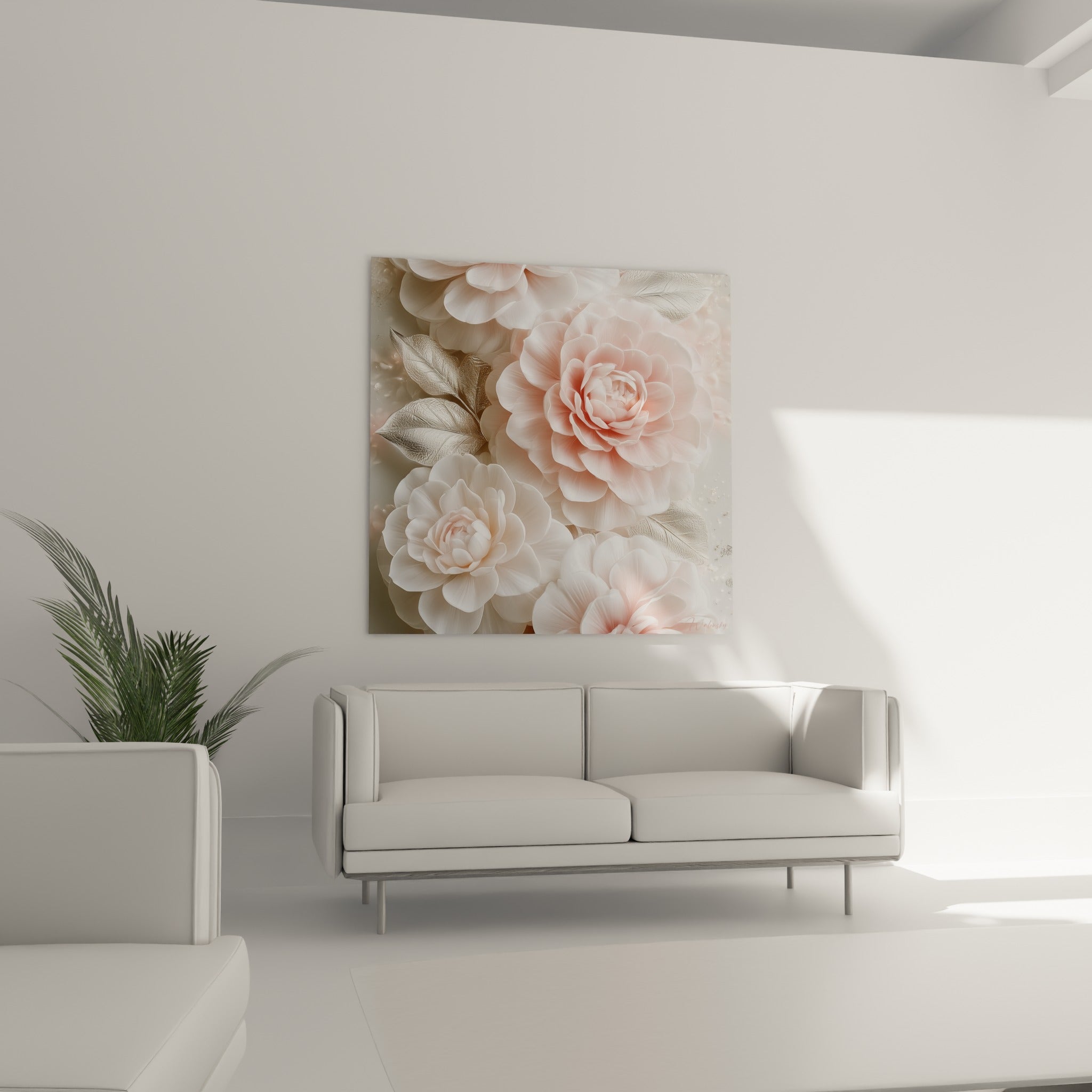 Fleurs de camélia blanc nacré et rose tendre disposées au-dessus d'un canapé dans un salon lumineux