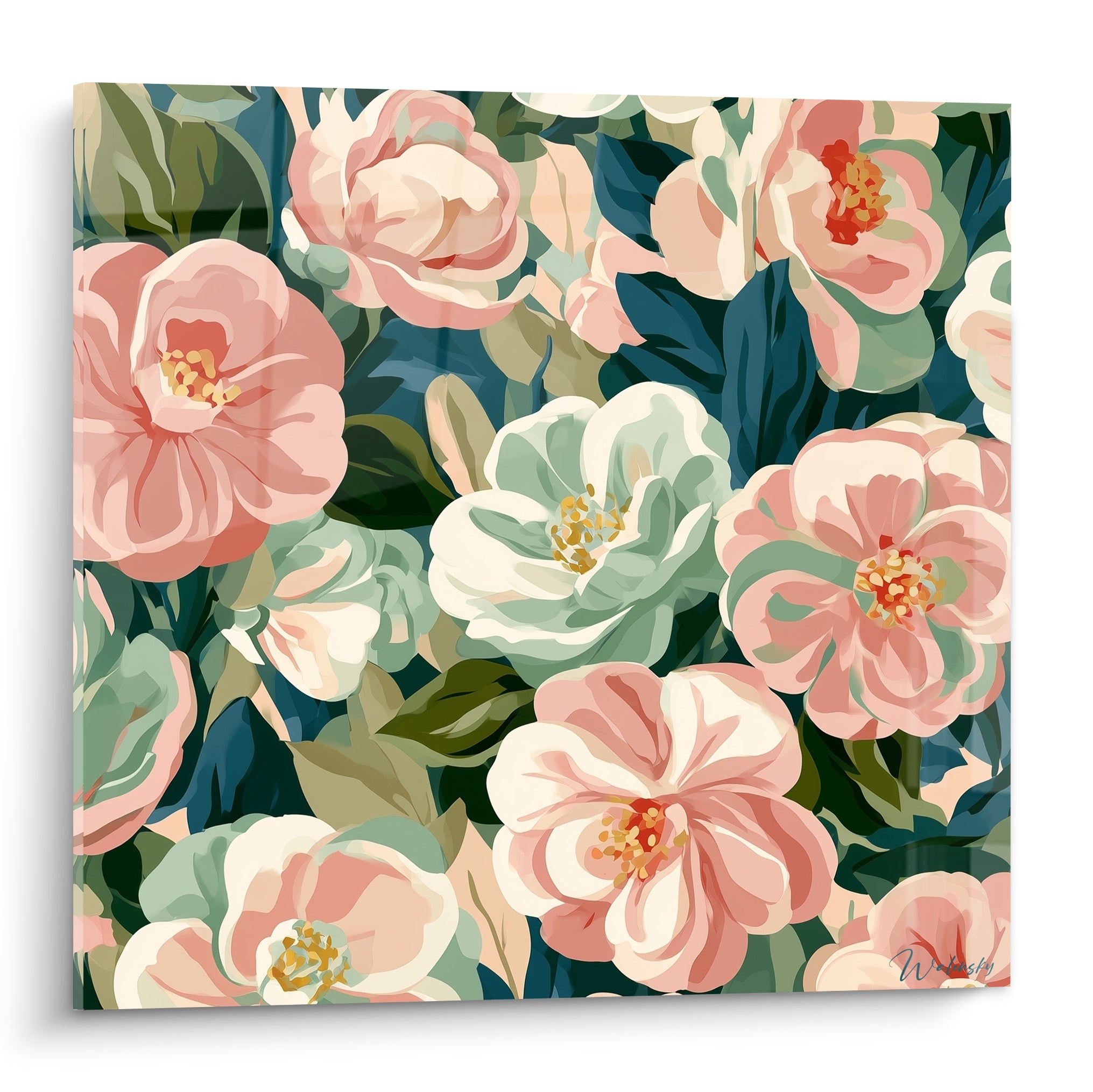 Camélias roses et vert menthe aux cœurs dorés sur fond bleu marine profond