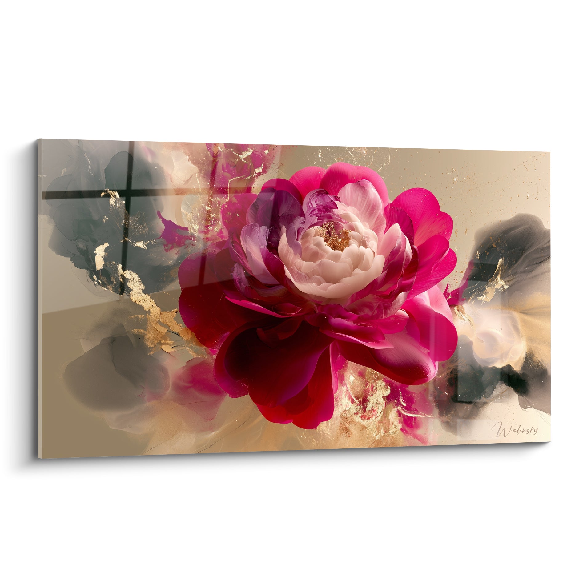 Camélia fuchsia et blanc aux pétales veloutés sur fond beige et anthracite doré