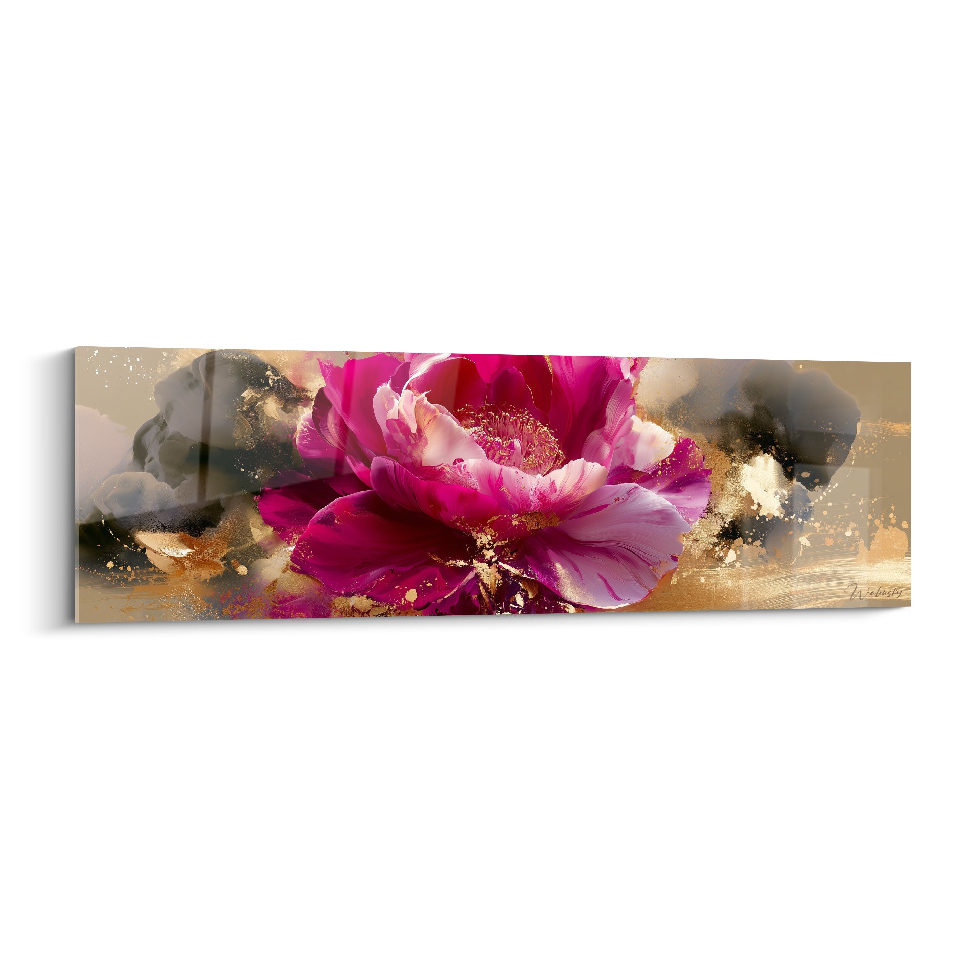 Camélia fuchsia et pétales roses nacrés se déploient sur un fond ocre et anthracite éclatant