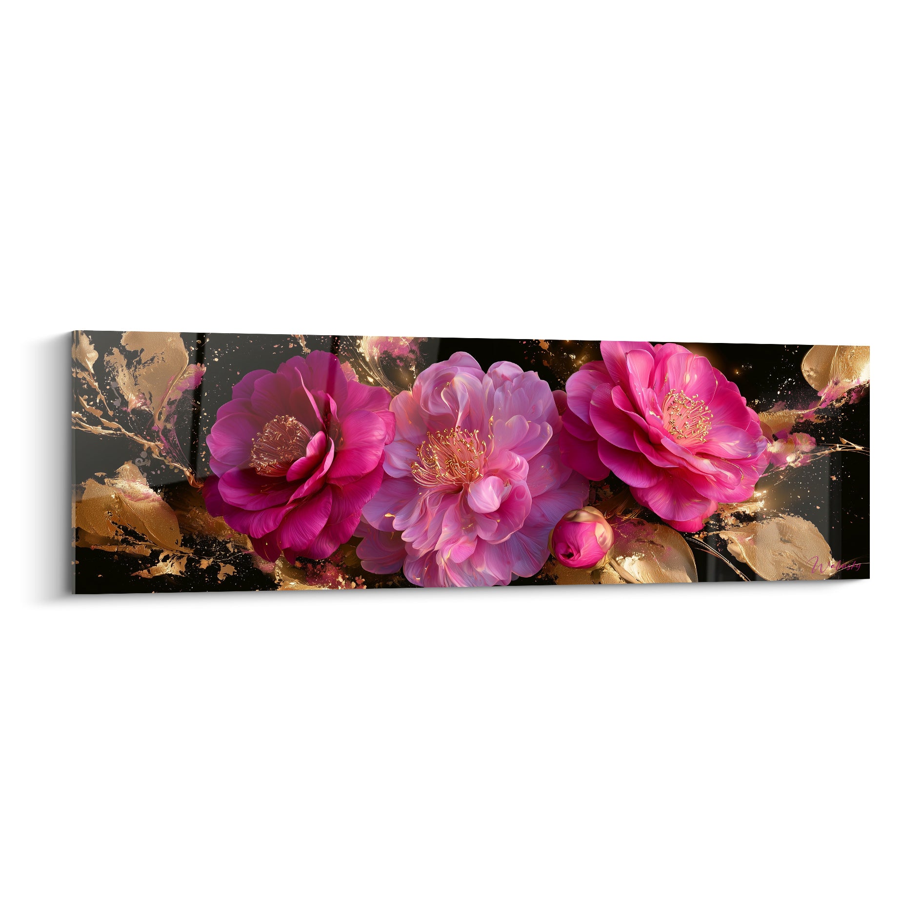 Camélia fuchsia et rose aux étamines dorées, trois fleurs sur fond noir profond éclaboussé d'or