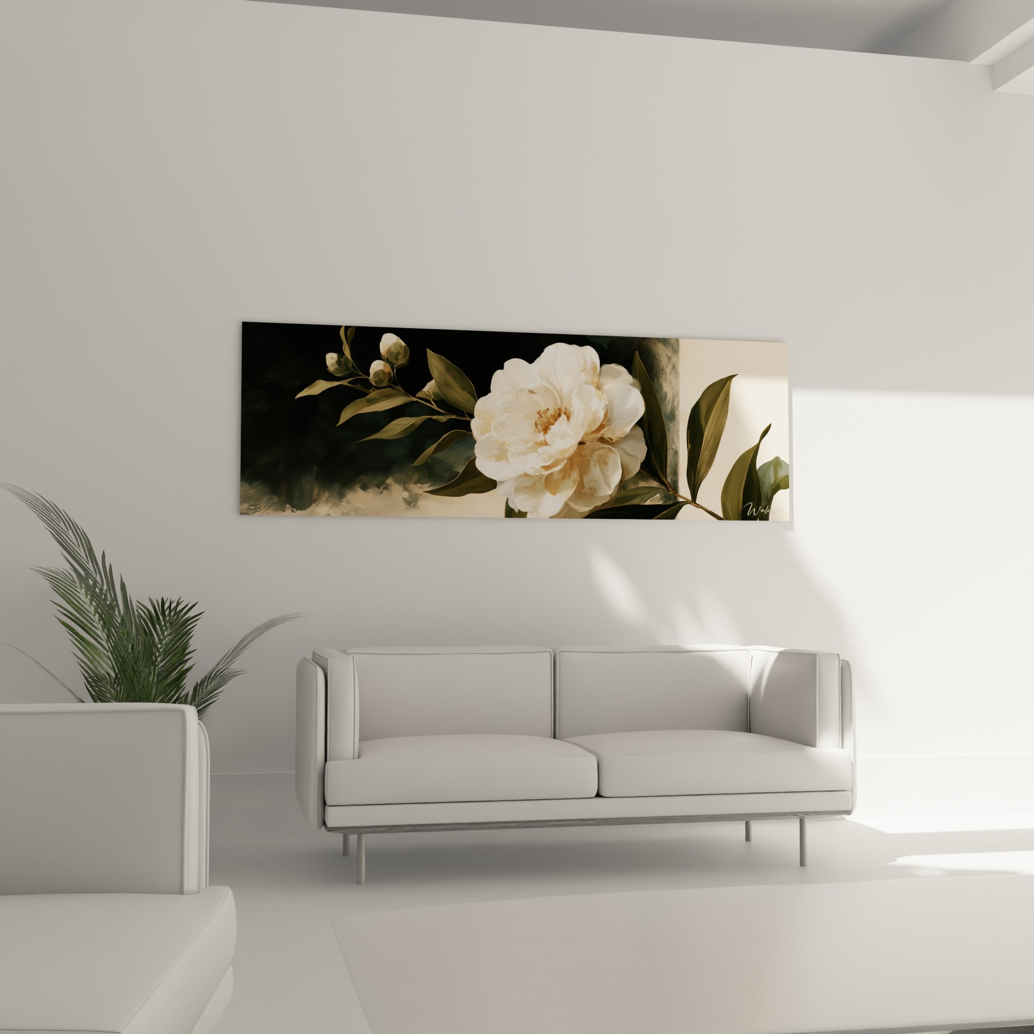 Pétales blancs du camélia et fond anthracite lumineux, disposés au-dessus d'un canapé dans un salon lumineux