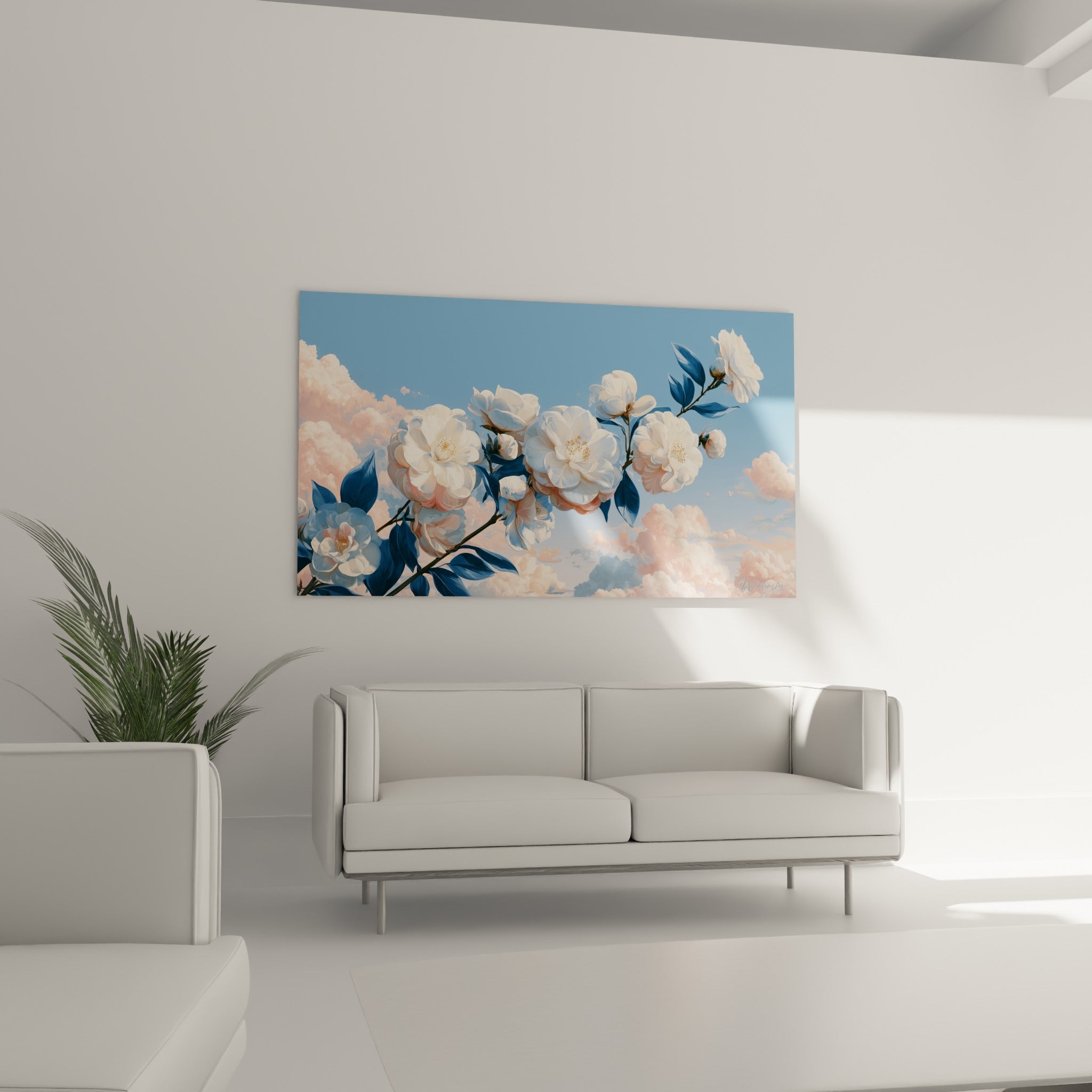 Fleurs de camélia blanches sur fond bleu ciel et nuages roses au-dessus d'un canapé dans un salon lumineux