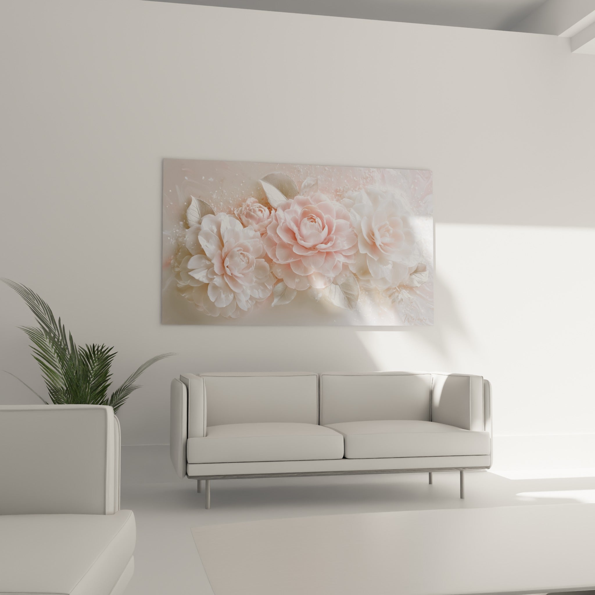 Fleurs de camélia rose pâle et blanc ivoire disposées au-dessus d'un canapé dans un salon lumineux