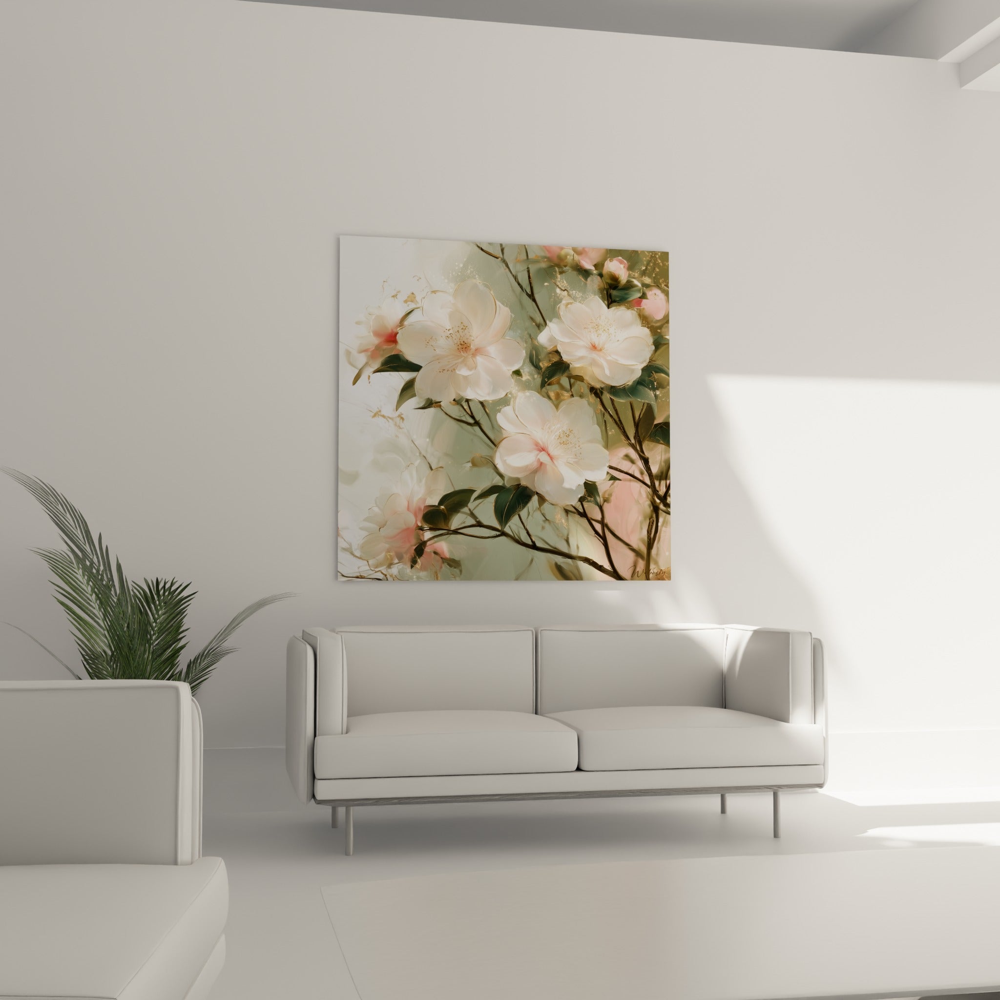 Bouquet de camélias roses et blancs aux pétales lumineux au-dessus d'un canapé dans un salon lumineux