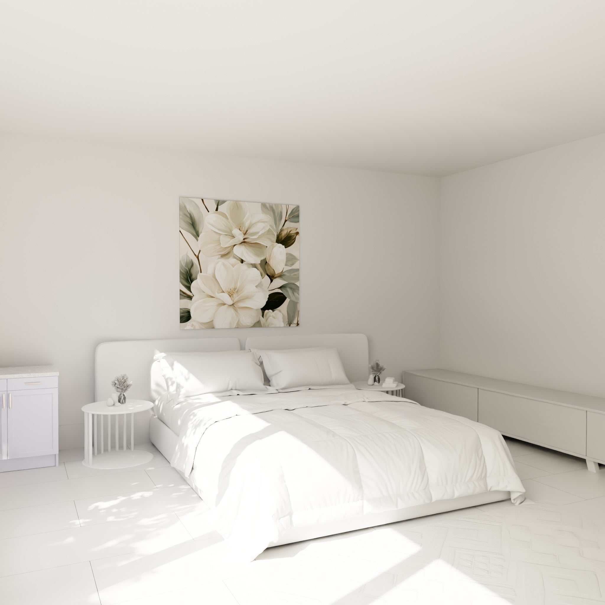 Fleurs de camélia crème et feuillage sauge peints au-dessus d'un lit dans une chambre claire