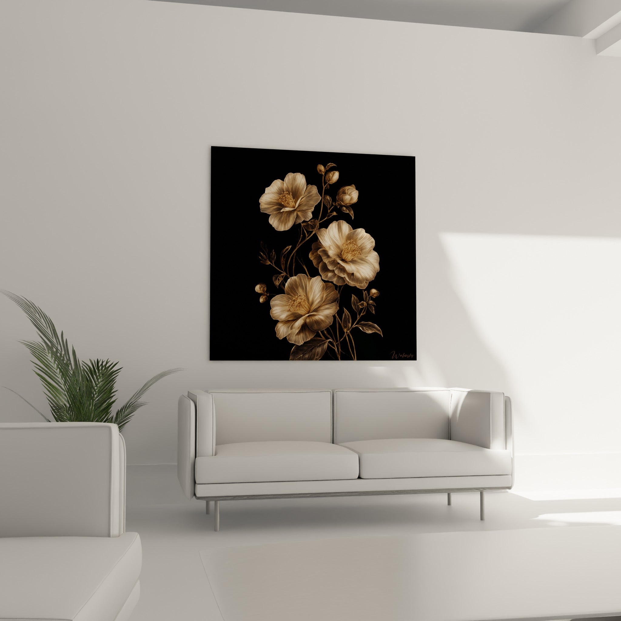 Fleurs de camélia ocre et noires ornent un mur au-dessus d'un canapé dans un salon lumineux.