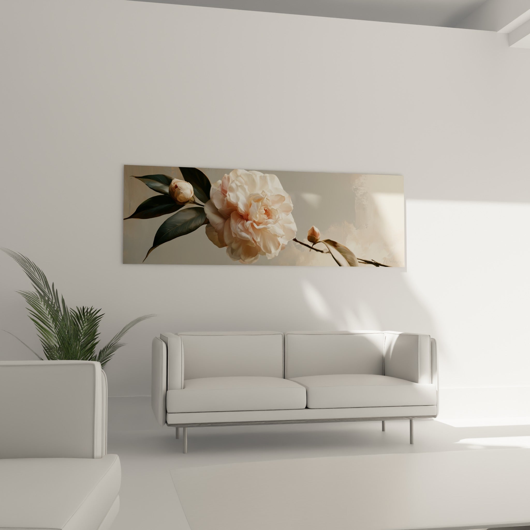 Pétales de camélia beige et rose délicatement superposés, au-dessus d'un canapé dans un salon lumineux