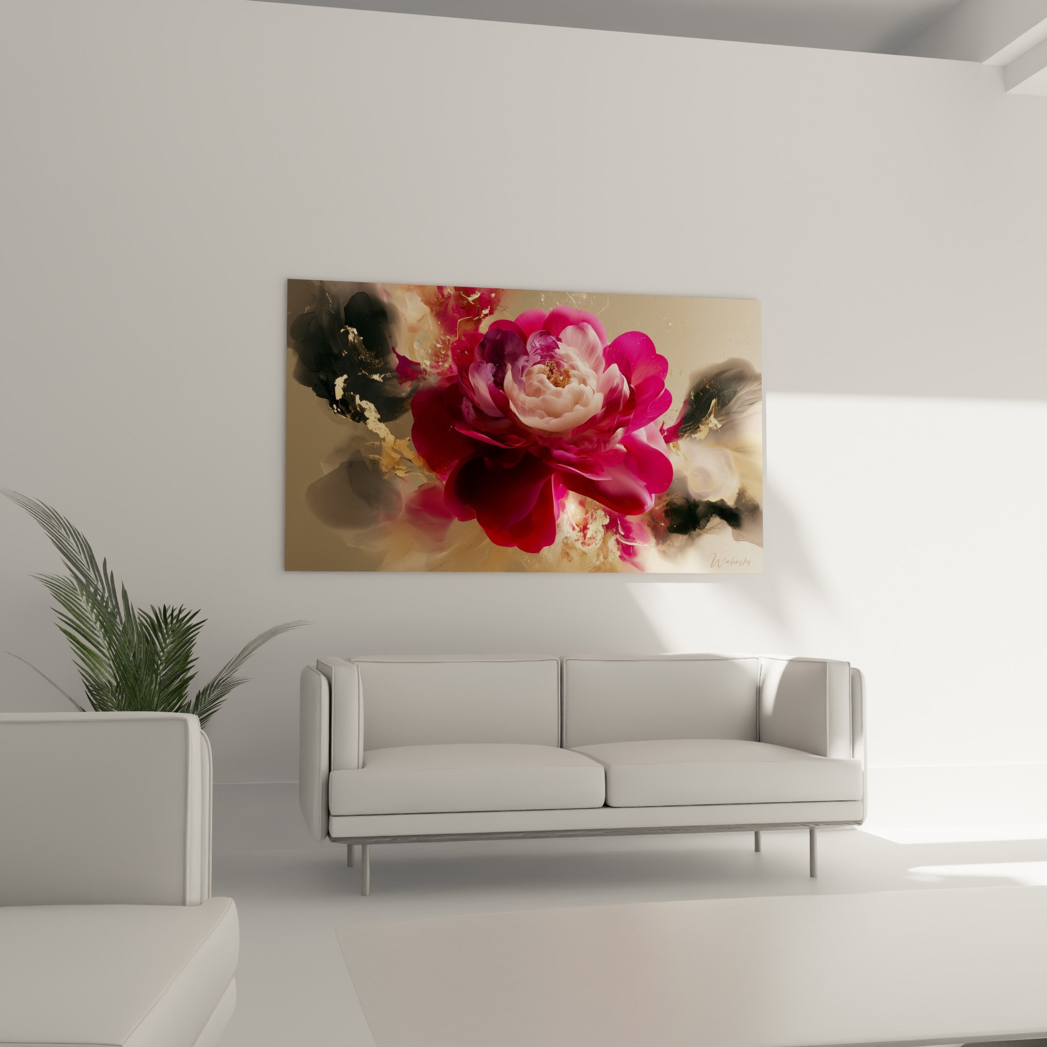 Pétales de camélia fuchsia et blanc nacré au-dessus d'un canapé dans un salon lumineux