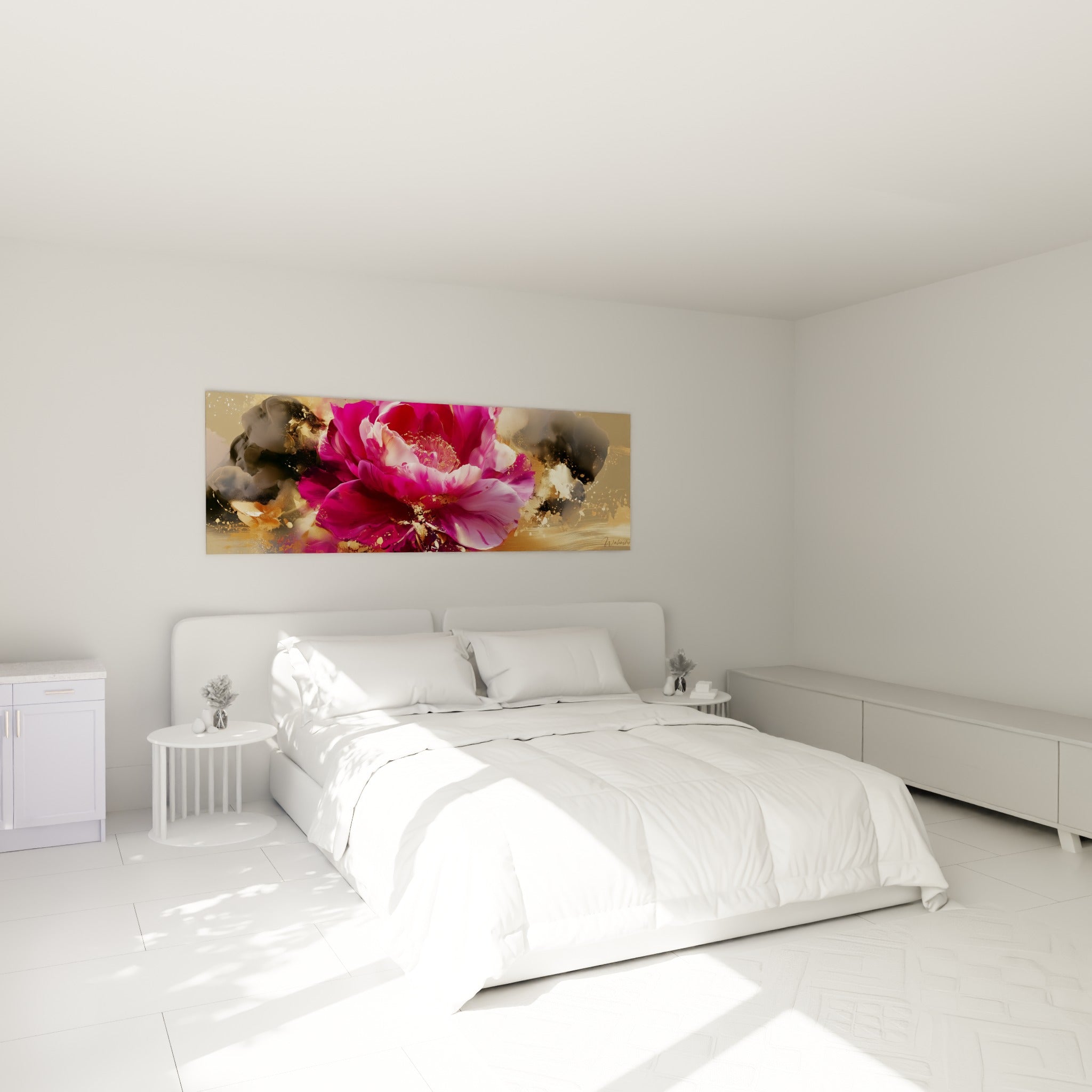Pétales de camélia fuchsia et dorés surplombent un lit dans une chambre claire aux tons neutres