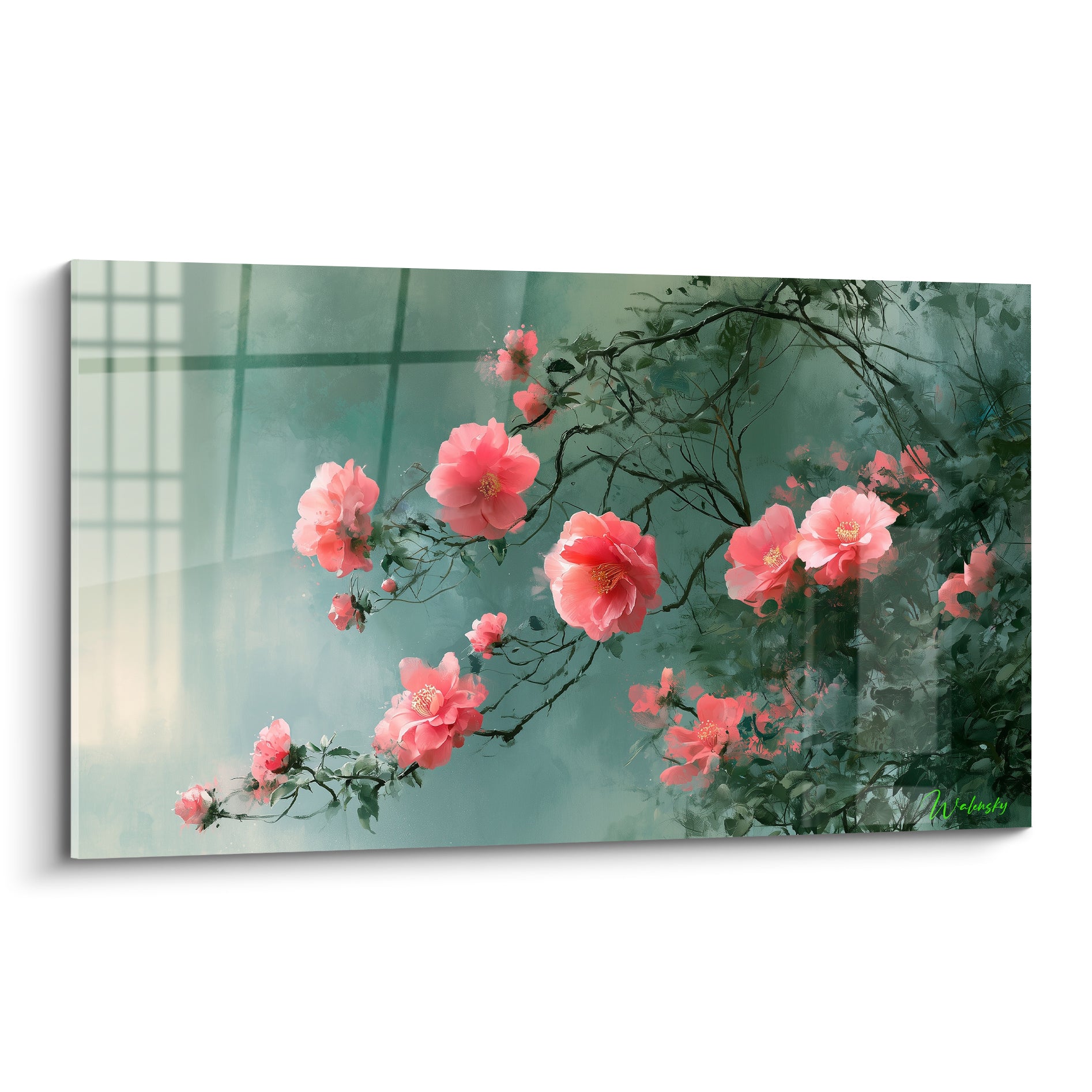Camélia rose corail et vert sauge brumeux, branche fleurie sur fond estompé lumineux