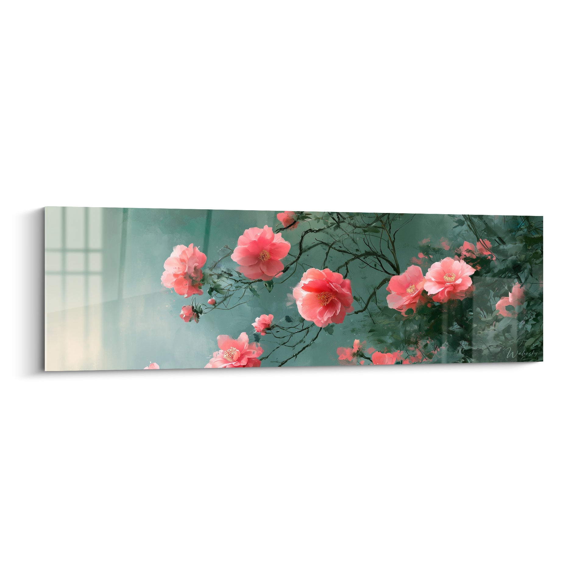 Camélias roses aux cœurs dorés se déploient sur fond vert sauge dans un traitement pictural aquarelle