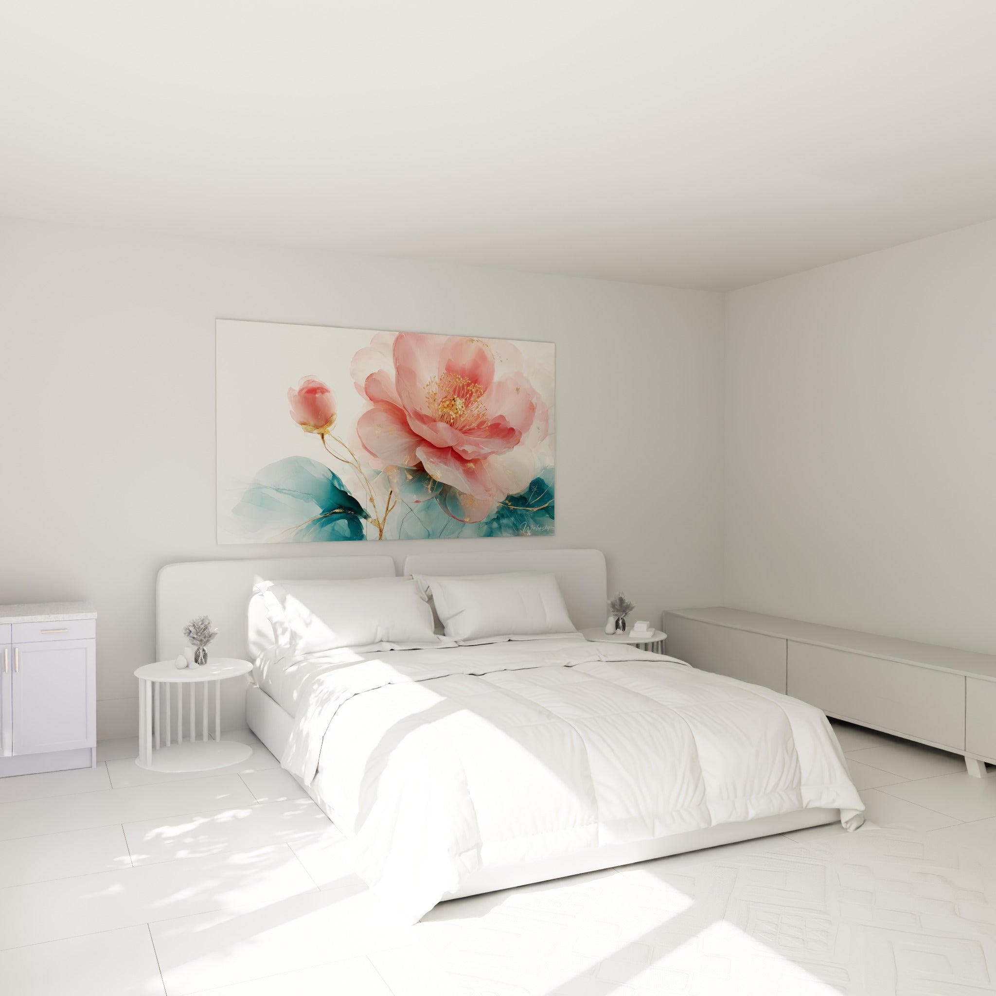 Fleur de camélia rose et bleu sarcelle aux nervures dorées au-dessus d'un lit dans une chambre claire