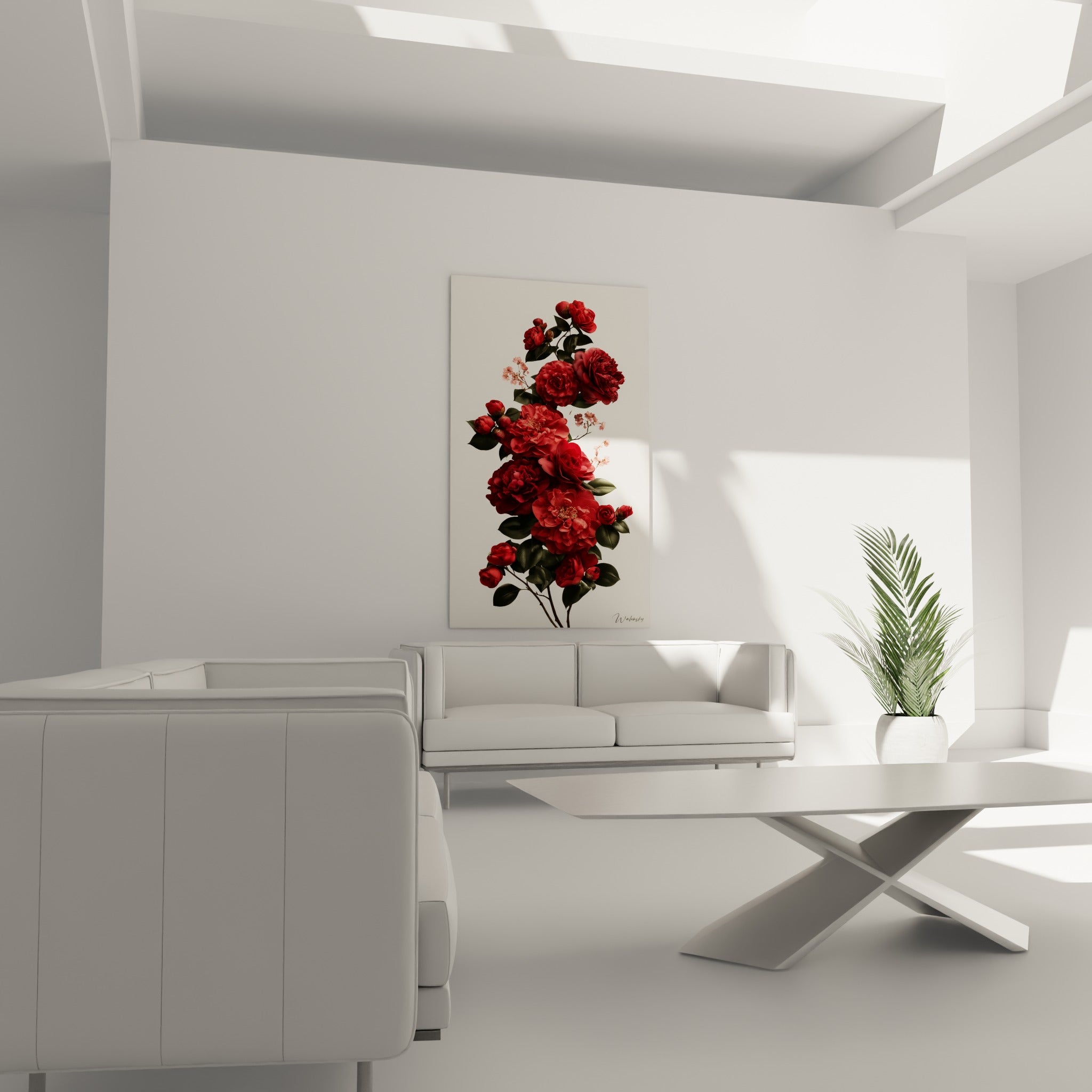 Fleurs de camélia rouge bordeaux et rose pâle au-dessus d'un canapé dans un salon lumineux