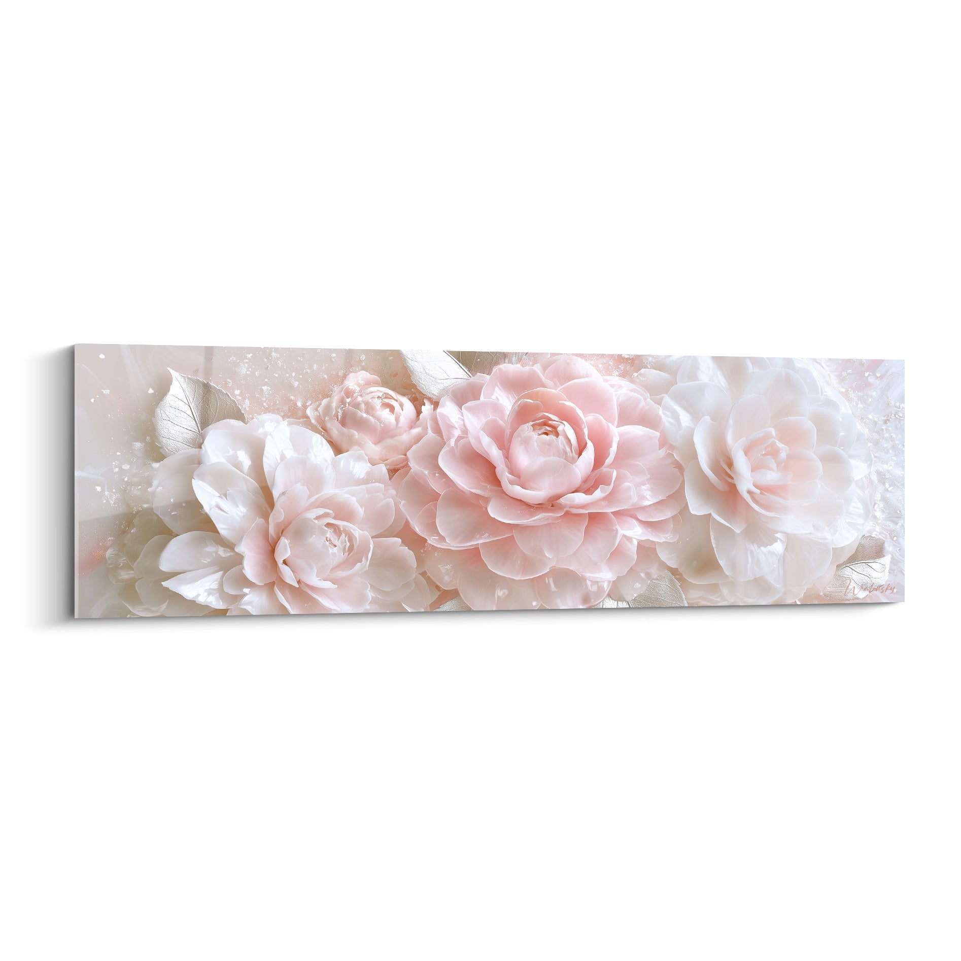 Camélias roses et blancs nacrés en gros bouquet, pétales veloutés et feuillage argenté délicat