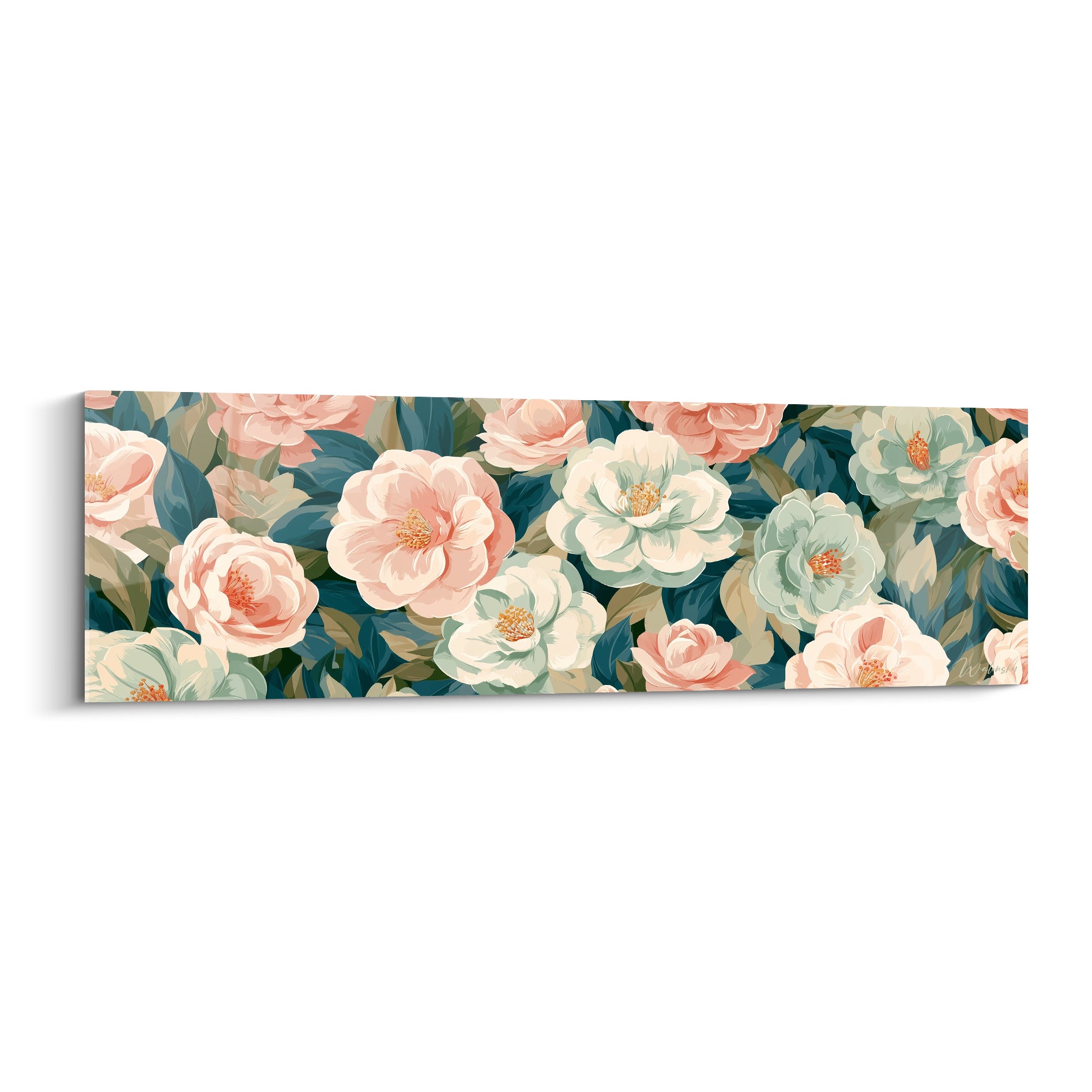 Camélias roses et bleu sarcelle en fleurs denses, pétales nacrés et cœurs dorés peints