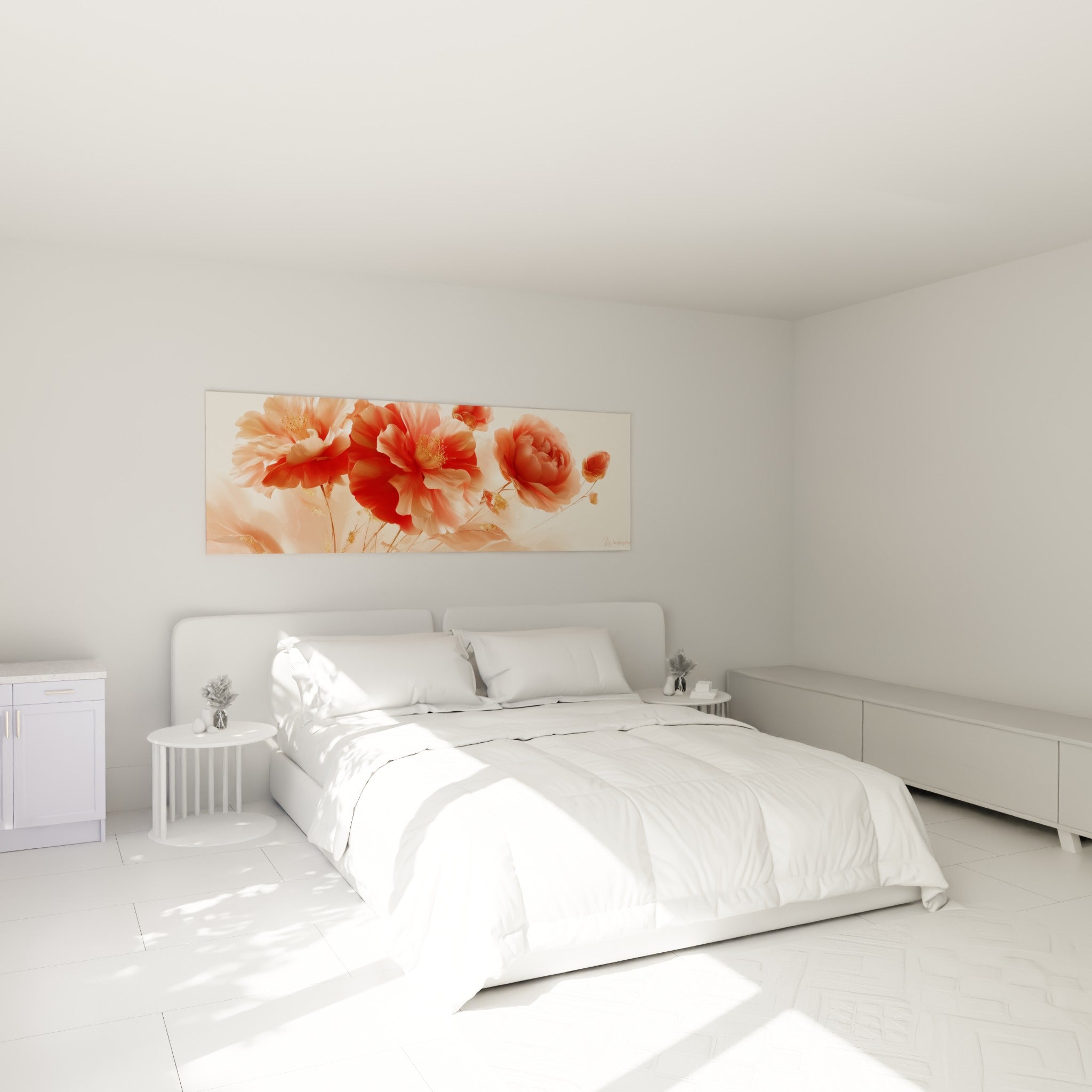 Fleurs de camélia corail et blanc cassé, touches dorées, accrochées au-dessus d'un lit dans une chambre claire