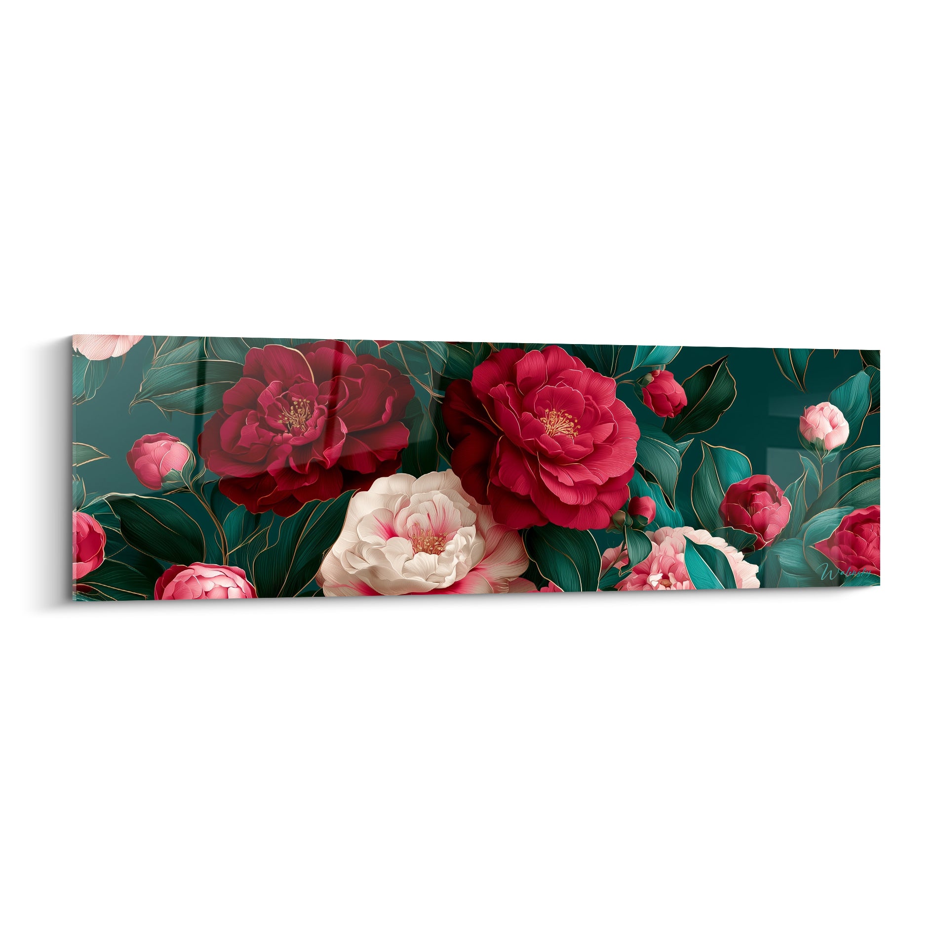 Camélias rouge bordeaux et blancs déployés sur fond vert émeraude, style botanique détaillé