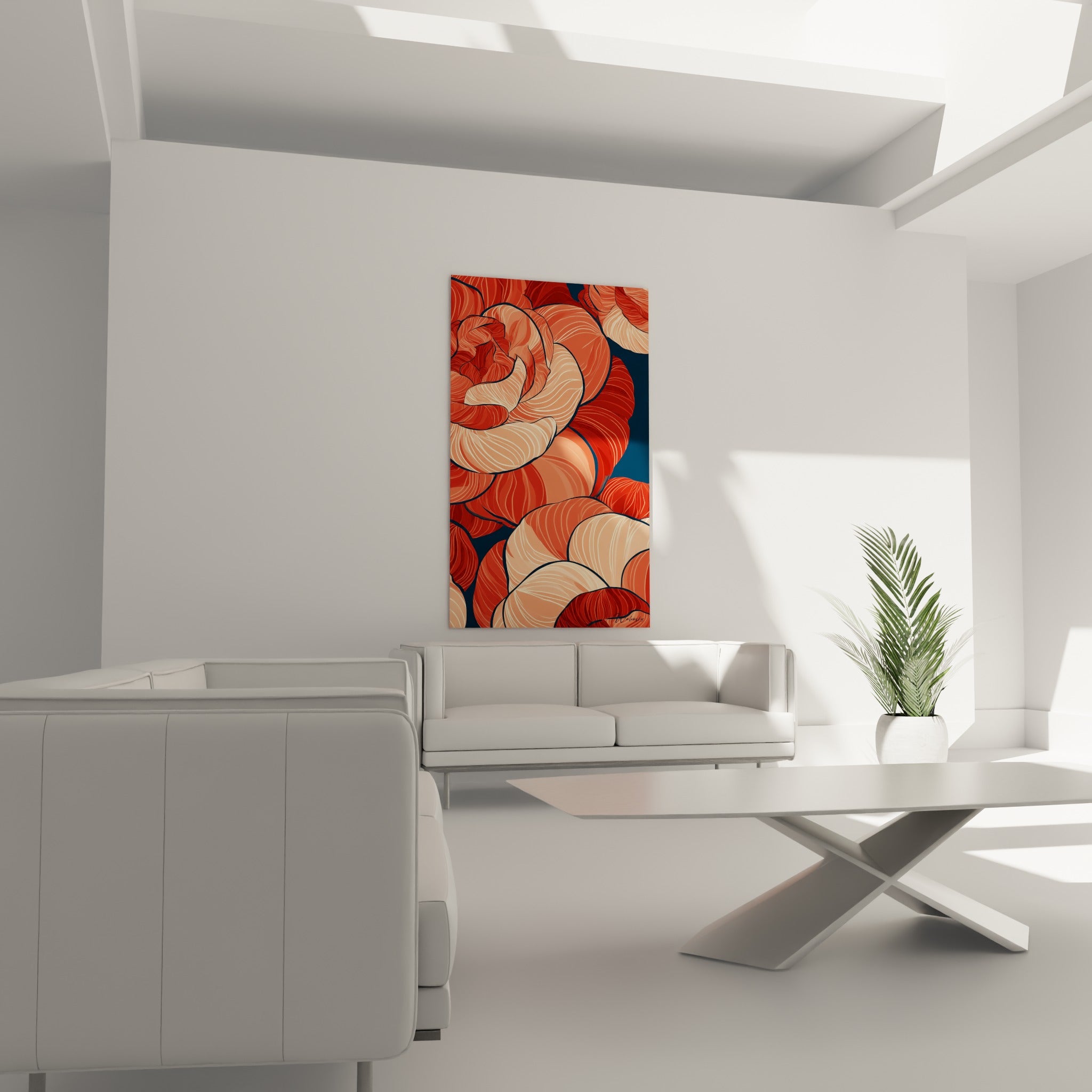 Fleurs de camélia rouge corail et pêche déployées, suspendues au-dessus d'un canapé dans un salon lumineux