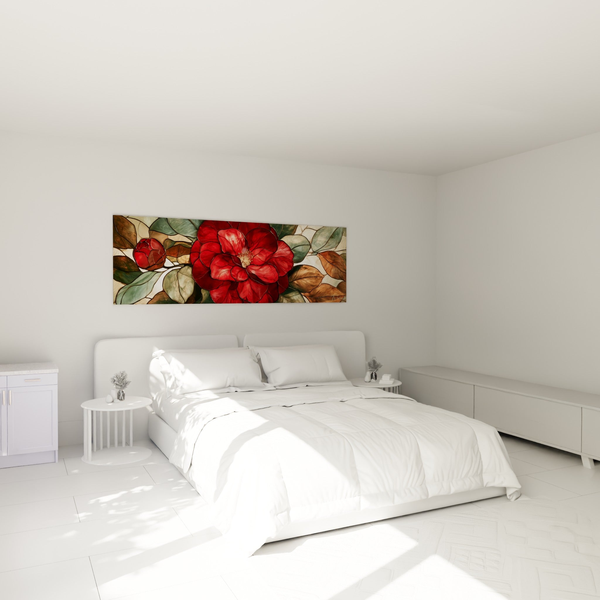 Fleur de camélia rouge et cuivré déployée au-dessus d'un lit dans une chambre claire
