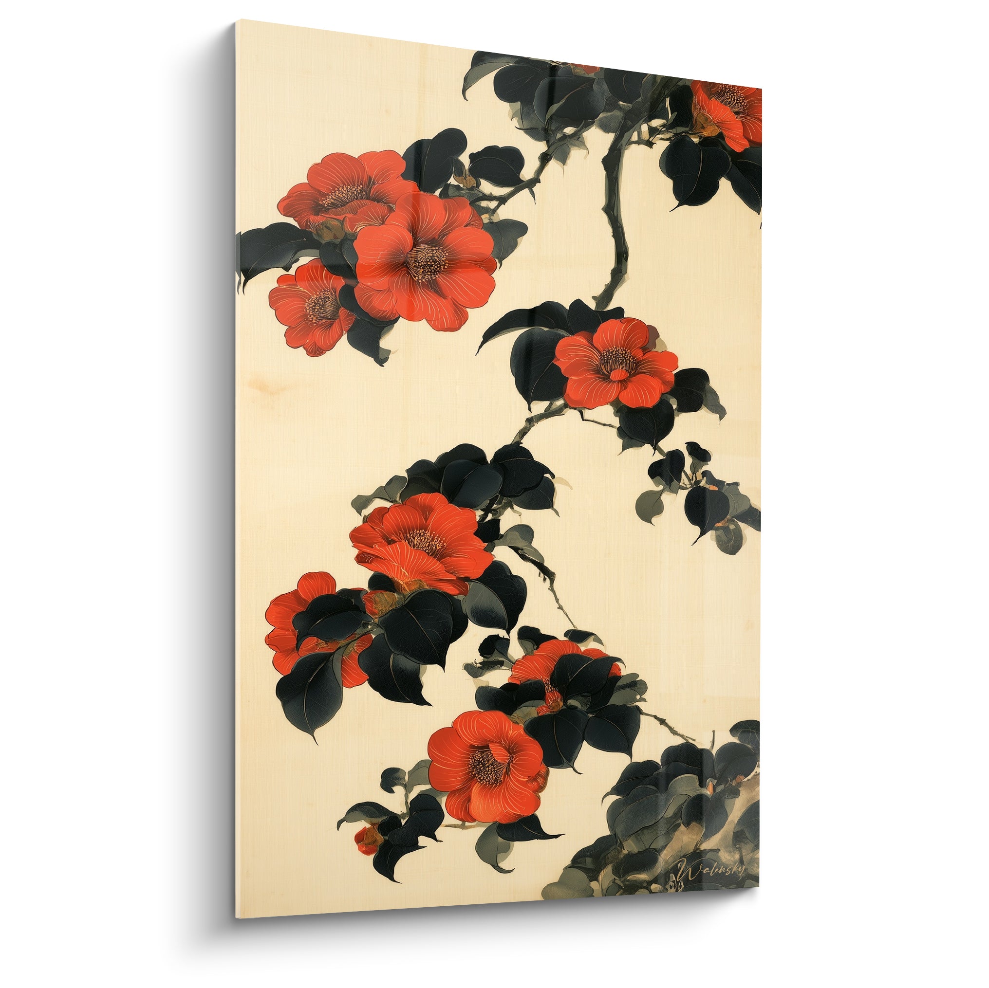 Camélia rouge vermillon et feuilles anthracite se déploient sur un fond ivoire aux contours graphiques précis.