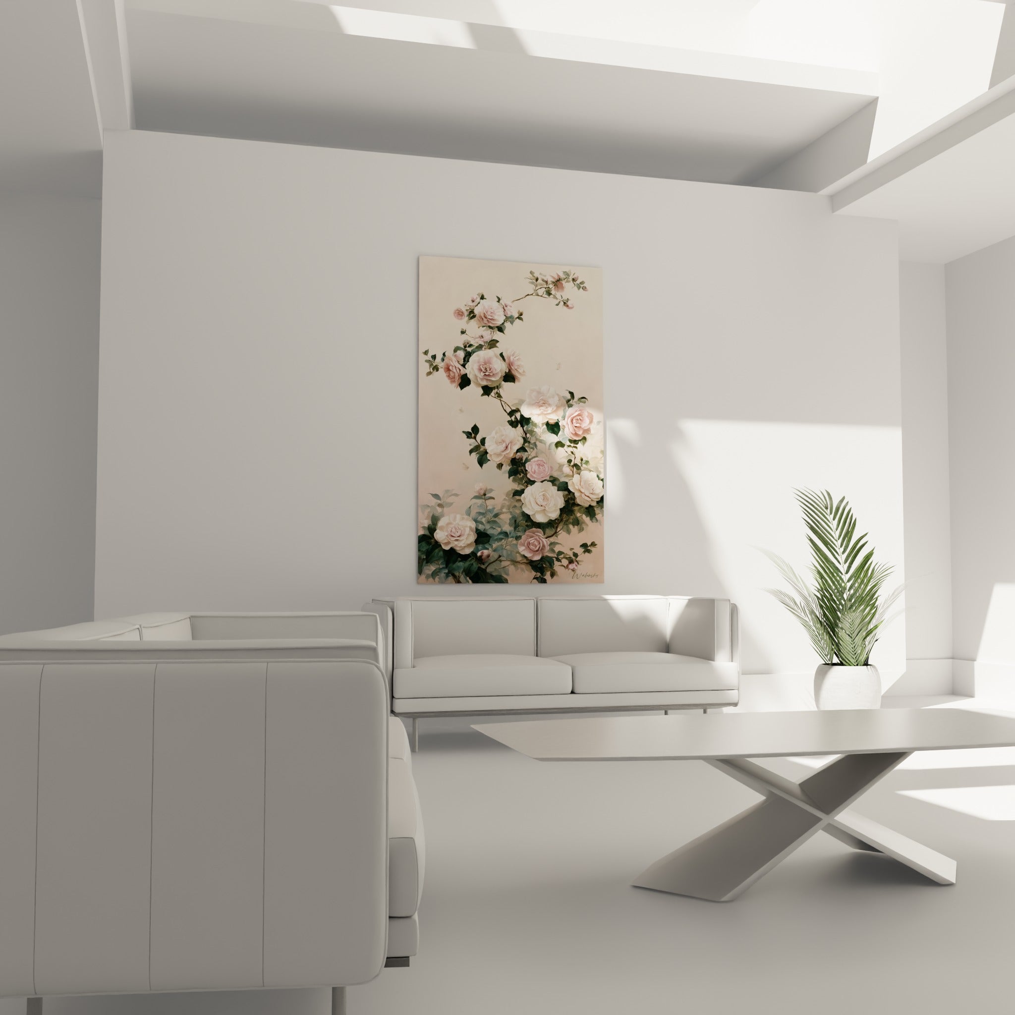 Fleurs de camélia roses et blanches sur fond ivoire, composition botanique délicate au-dessus d'un canapé dans un salon lumineux.