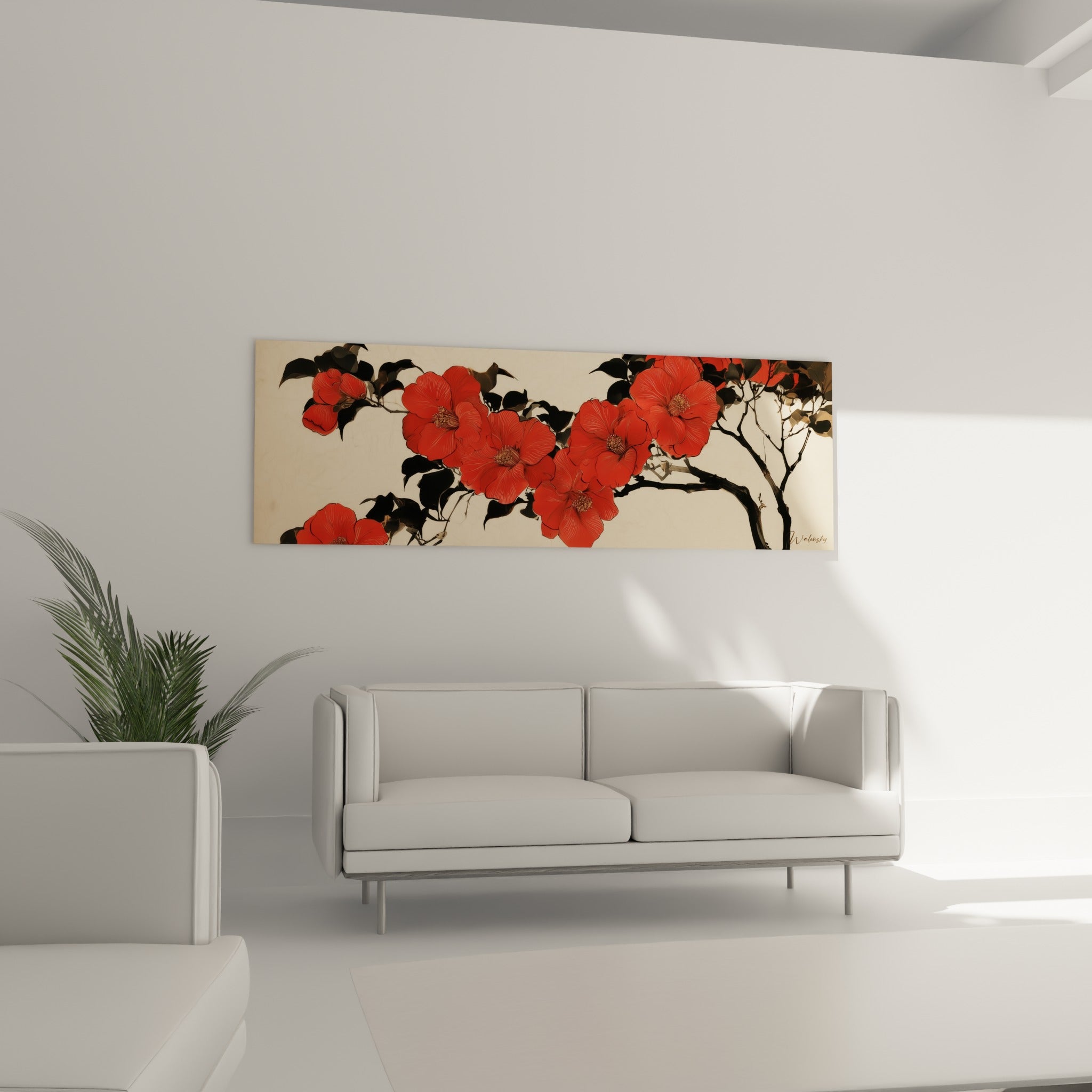 Camélias rouge vif et feuillage sombre disposés au-dessus d'un canapé dans un salon lumineux