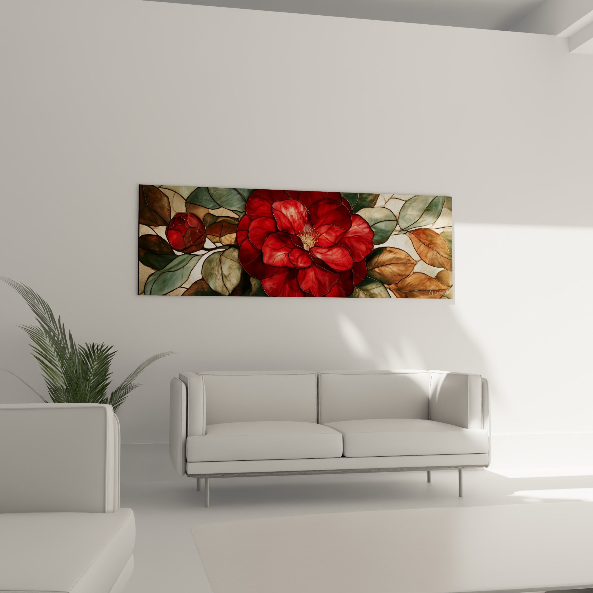 Pétales rouge profond et feuillage terracotta du camélia au-dessus d'un canapé dans un salon lumineux