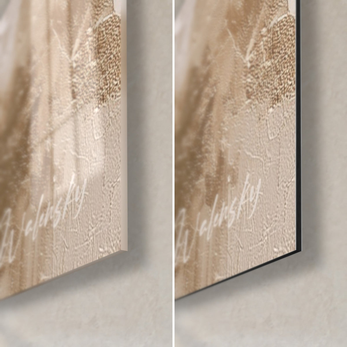Quadro camelia rosa, angolo in basso a destra: vetro acrilico lucido e alluminio Dibond opaco beige e oro, bordo da 3 mm, firma Walensky