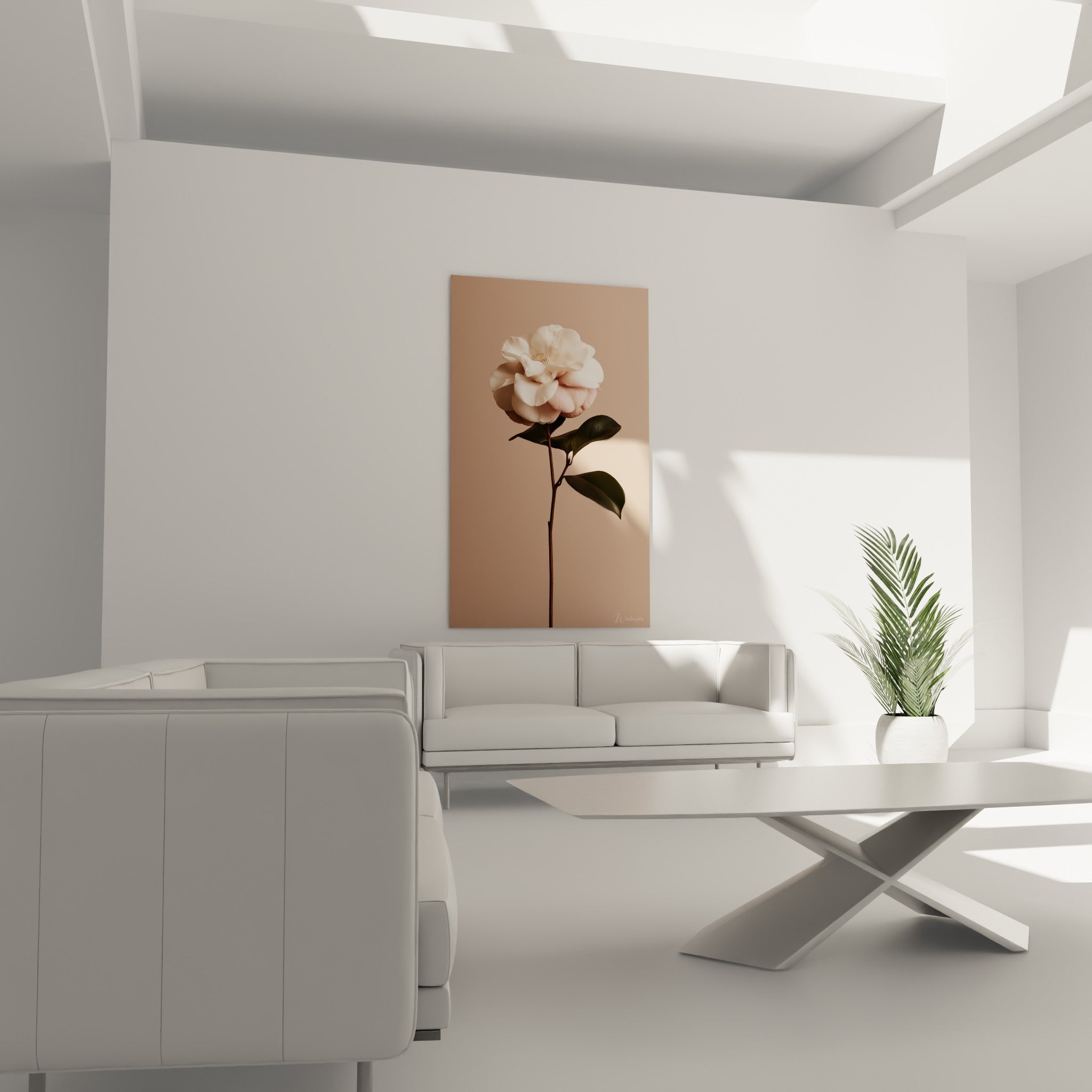 Camélia ivoire sur fond terracotta velouté, disposé au-dessus d'un canapé dans un salon lumineux