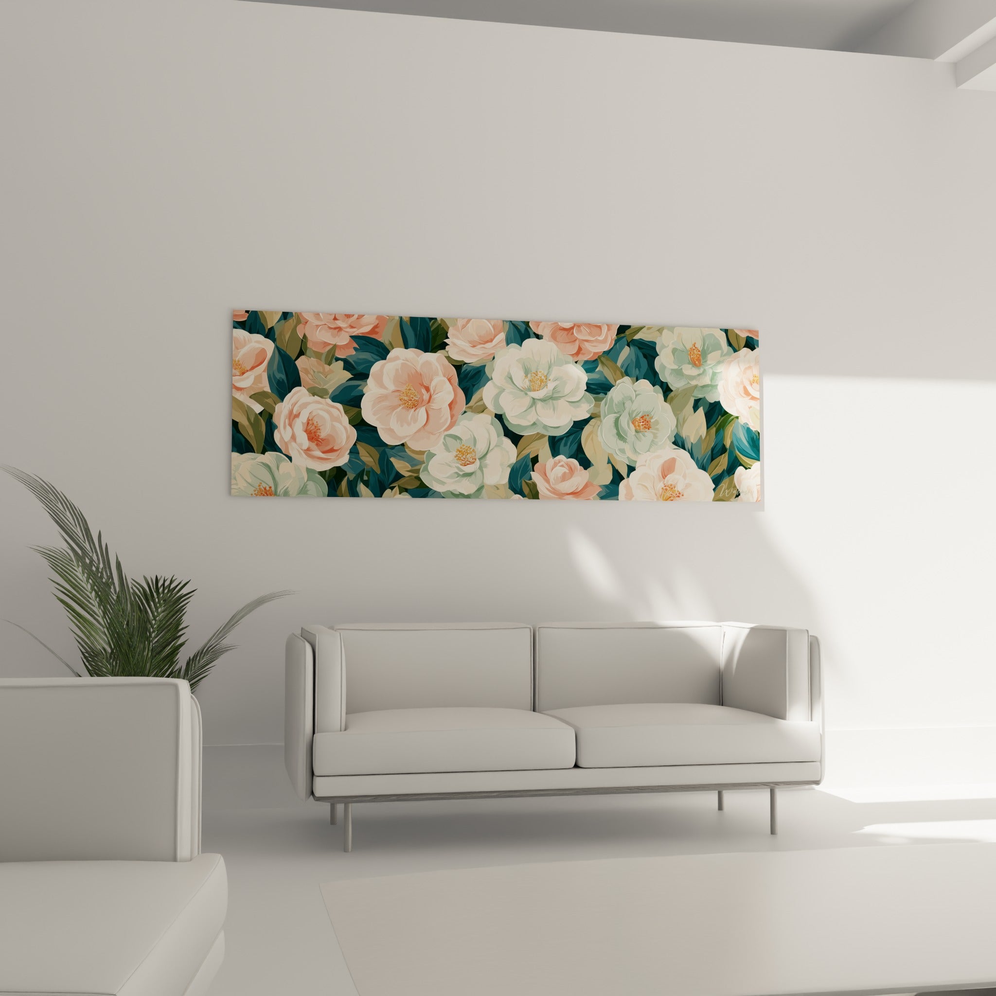 Fleurs de camélia bleu sarcelle et rose pastel au-dessus d'un canapé dans un salon lumineux