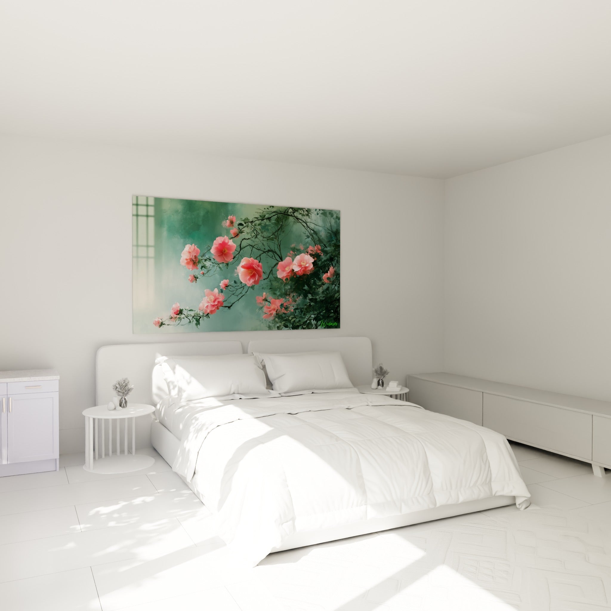Fleurs de camélia rose et vert anthracite au-dessus d'un lit dans une chambre claire