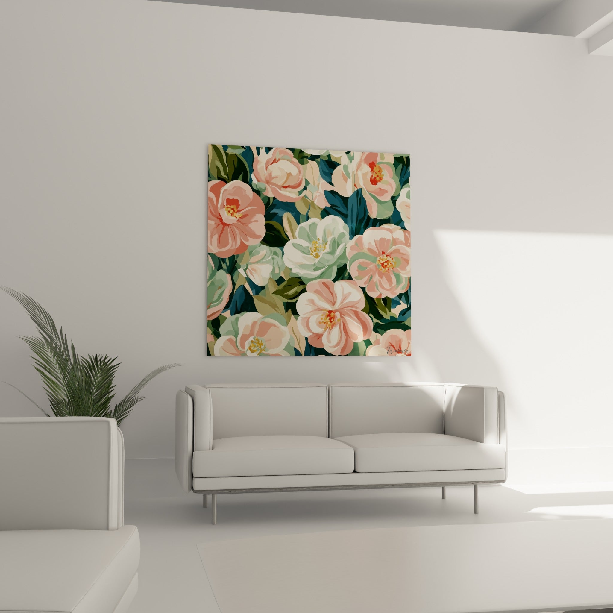Fleurs de camélia rose corail et vert sauge au-dessus d'un canapé dans un salon lumineux