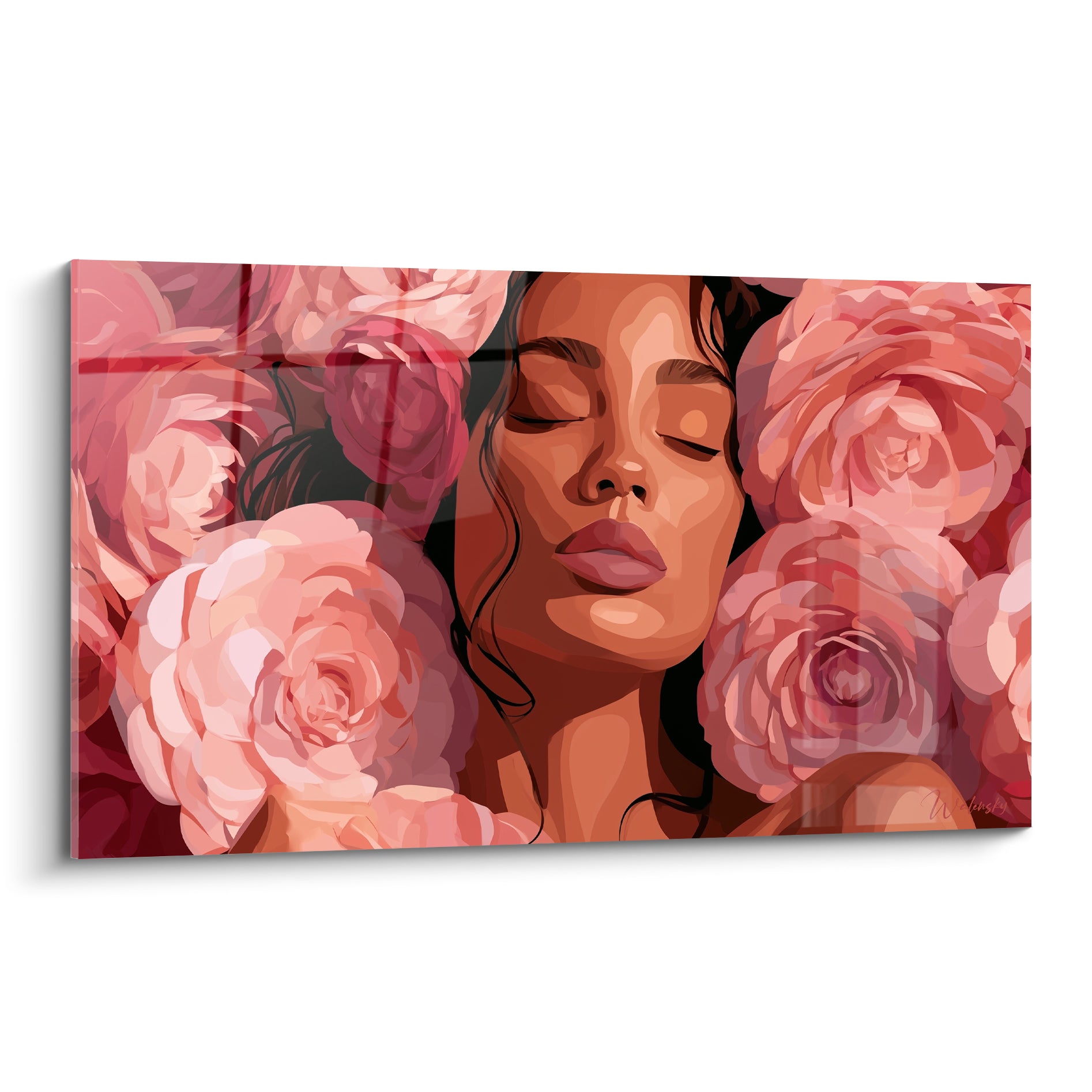 Camélia visage aux yeux clos entouré de roses roses et pêche, aplats colorés