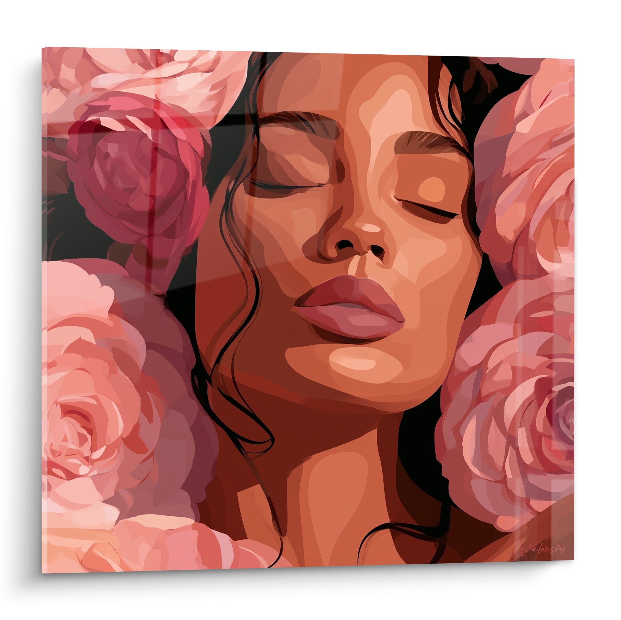Visage aux yeux clos entouré de roses rose pâle et bordeaux, camélia stylisé aux tons terracotta