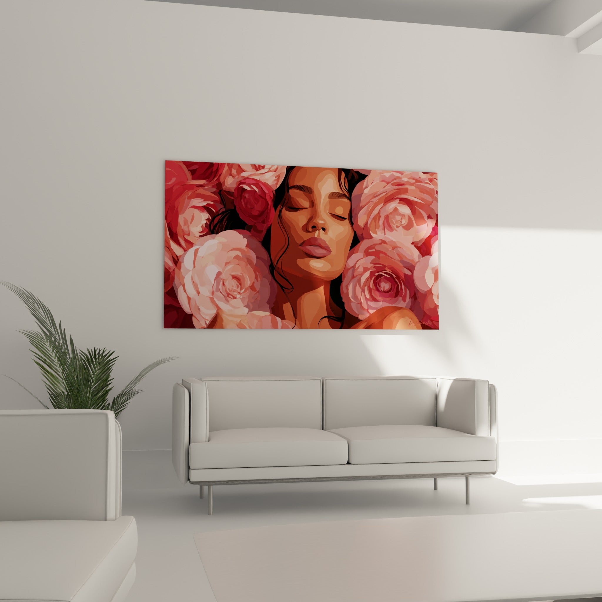 Visage Camélia apaisé parmi les roses terracotta au-dessus d'un canapé dans un salon lumineux