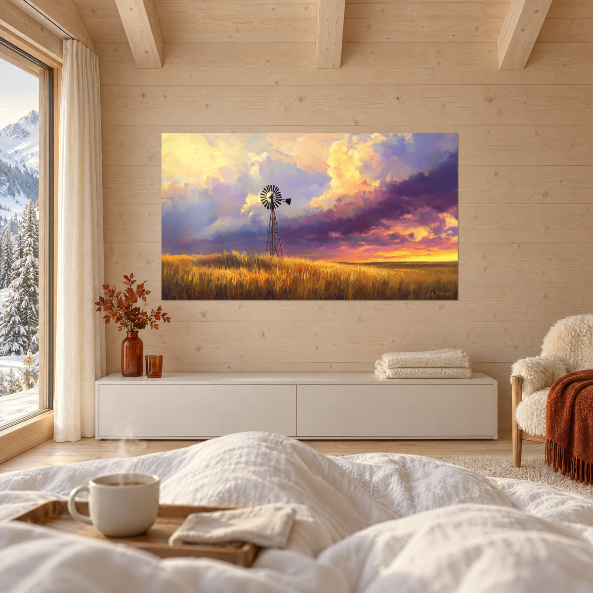 Schilderij van een windpomp boven de rijpe vlakte, oranje en paarse wolken, gouden gloed aan de horizon, boven een bed in een lichte slaapkamer