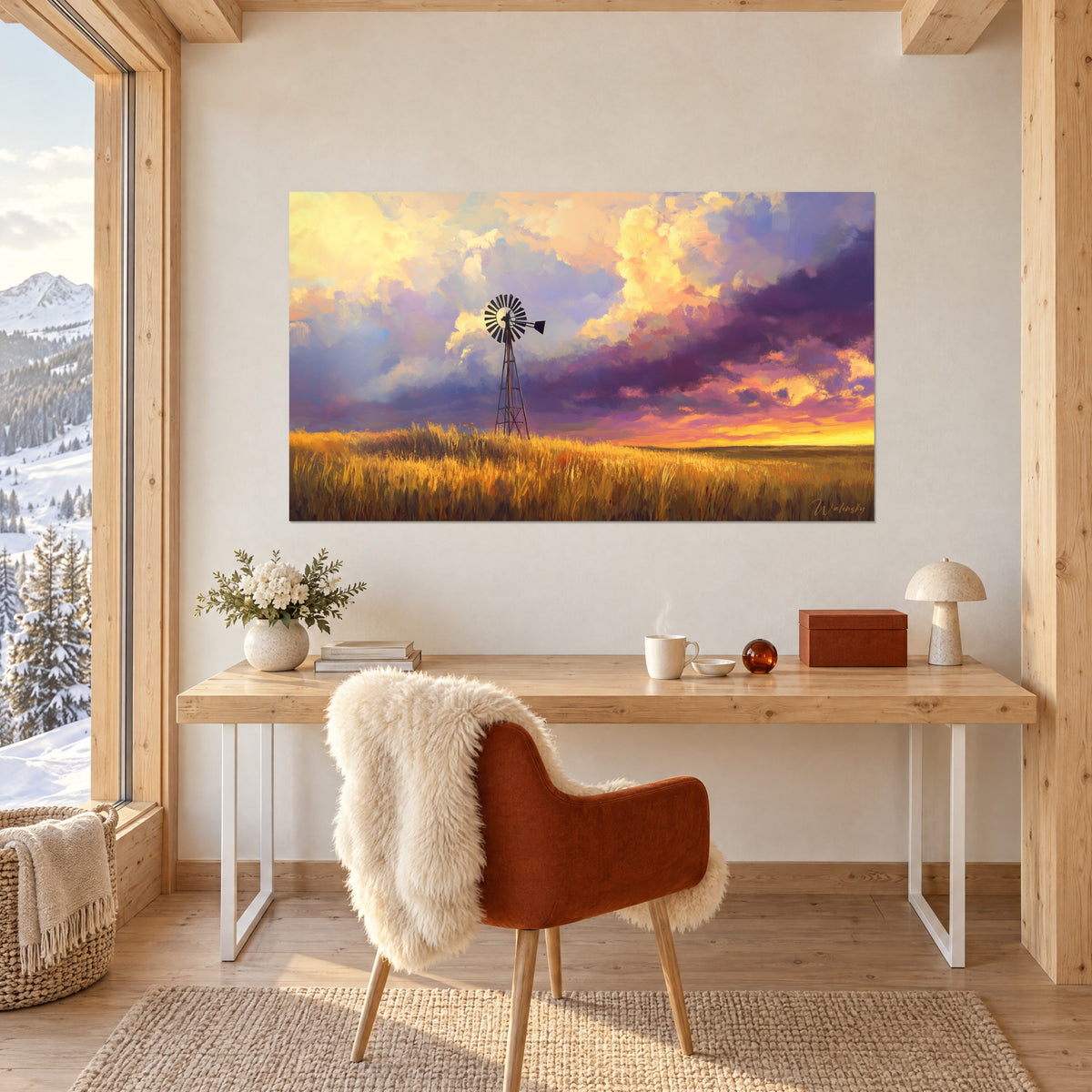 Schilderij van een gouden weidelandschap en een violette lucht doorstroomd met fel geel, donkere windmolen in het midden, boven een lichthouten bureau